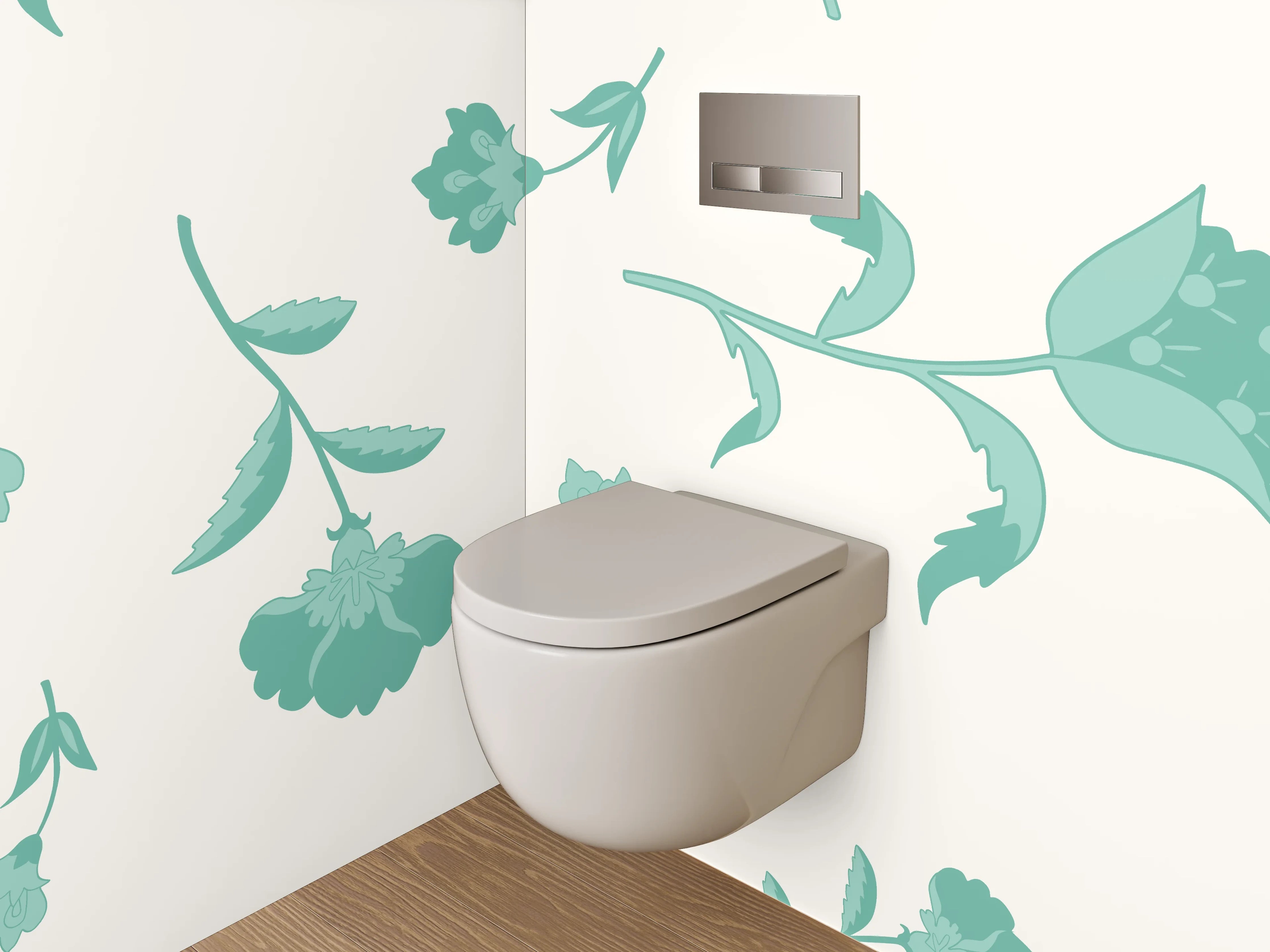 WC-Rückwand - Blumenmuster Mint auf Weiß