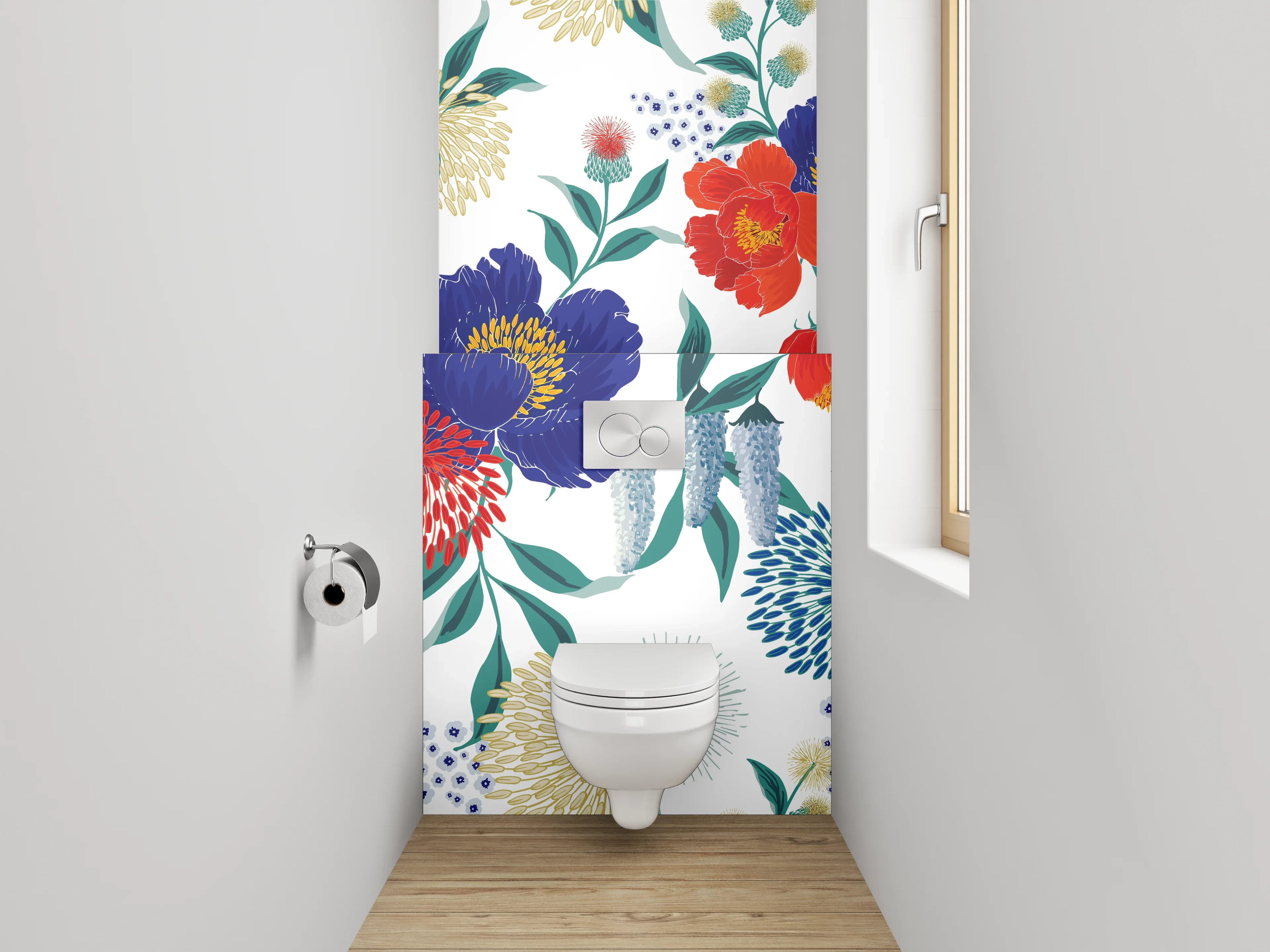 WC-Rückwand - Blumenmuster Rot Blau Modern