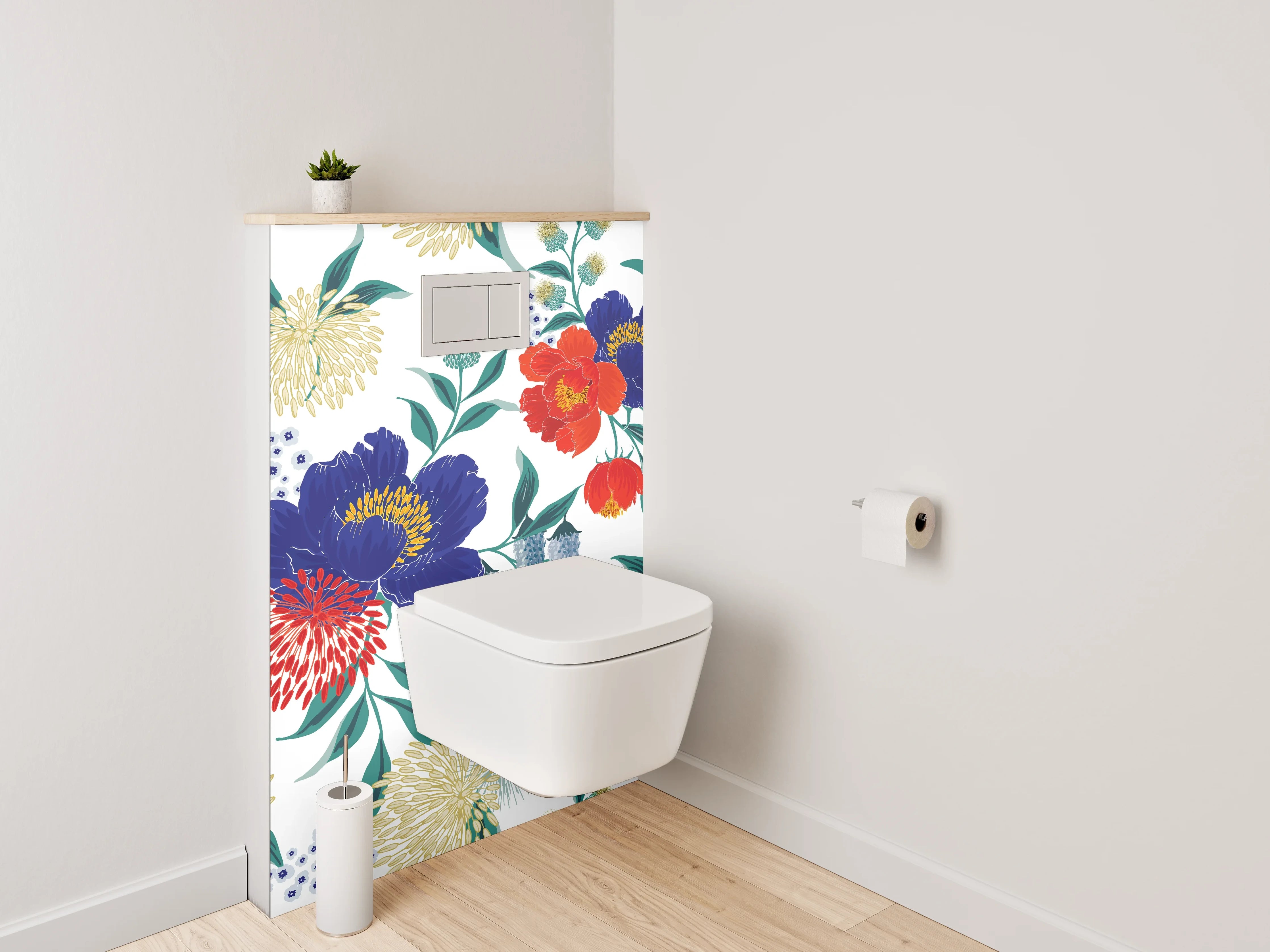 WC-Rückwand - Blumenmuster Rot Blau Modern