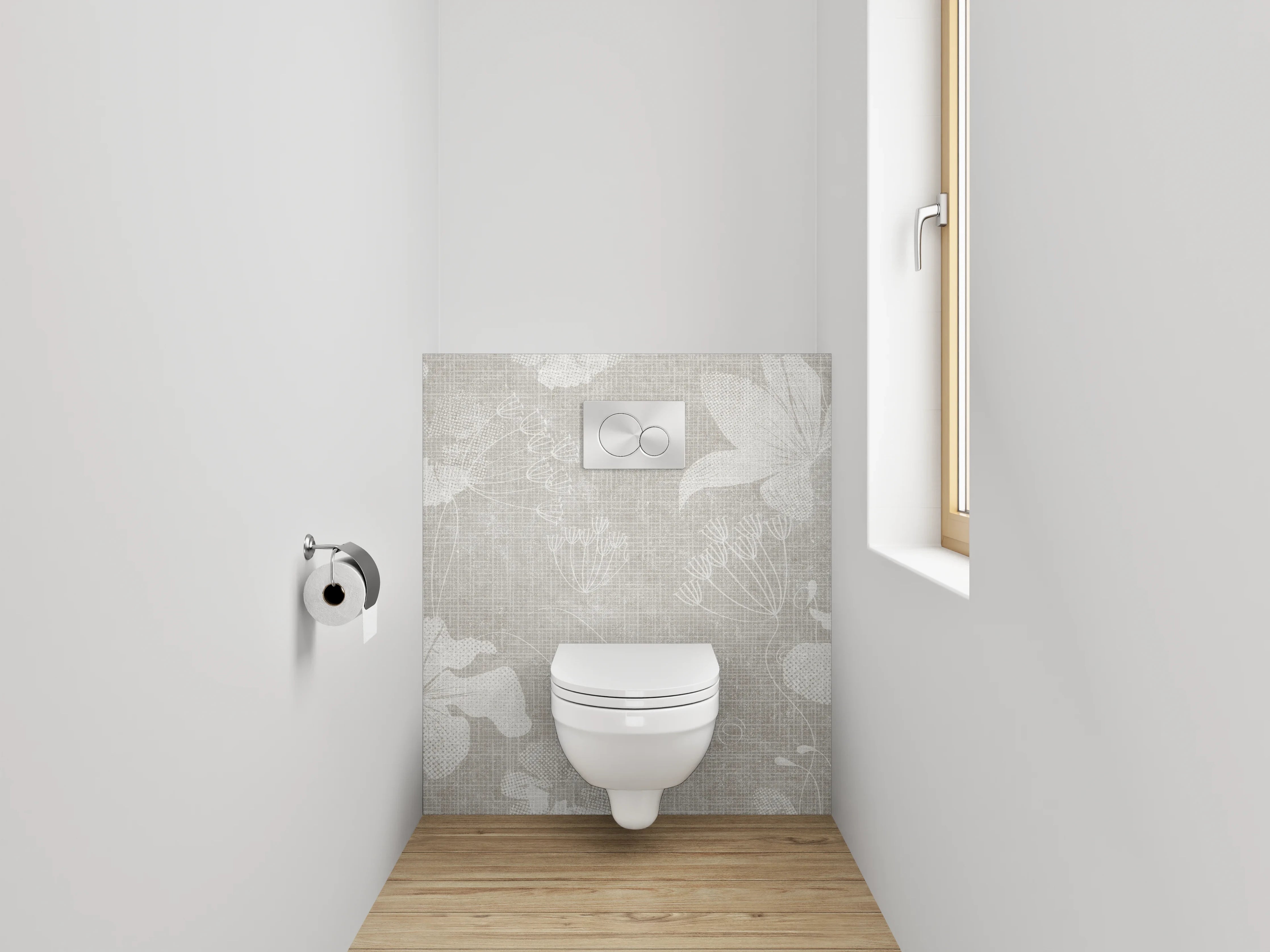 WC-Rückwand - Blumenmuster auf Leinenoptik – Grau Weiß