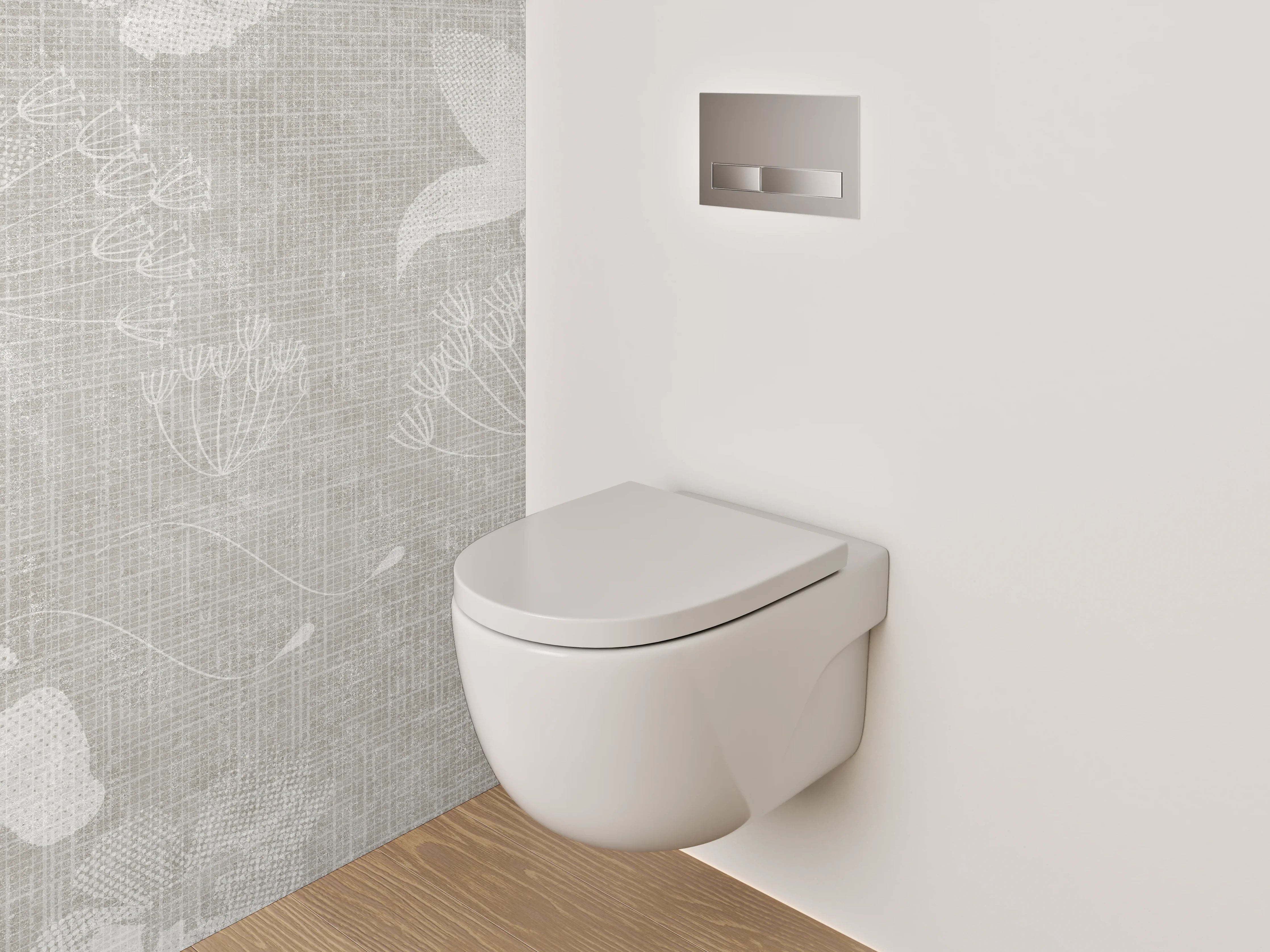 WC-Rückwand - Blumenmuster auf Leinenoptik – Grau Weiß