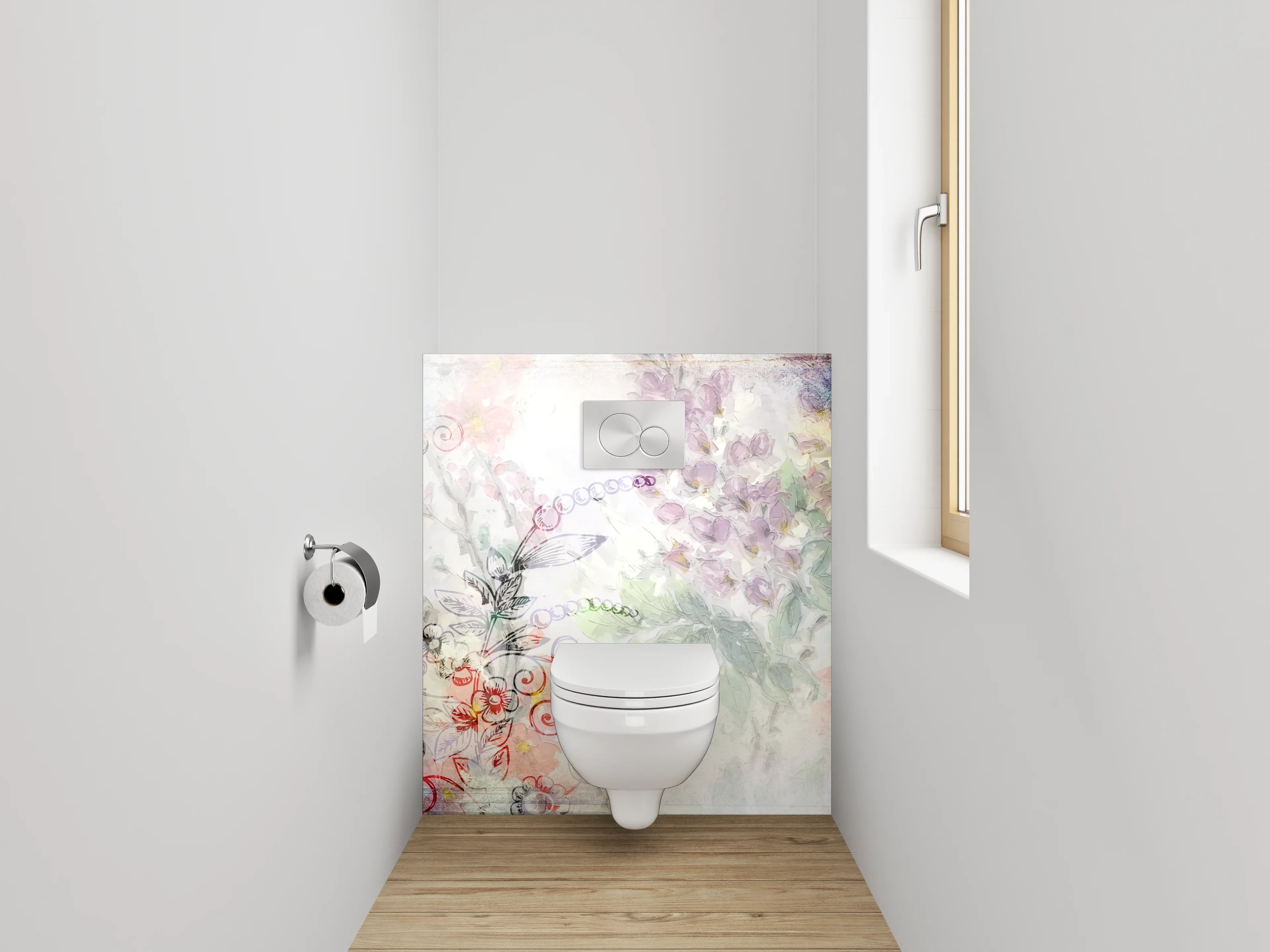WC-Rückwand - Blumige Aquarell-Lineart Pflanzen Illustration