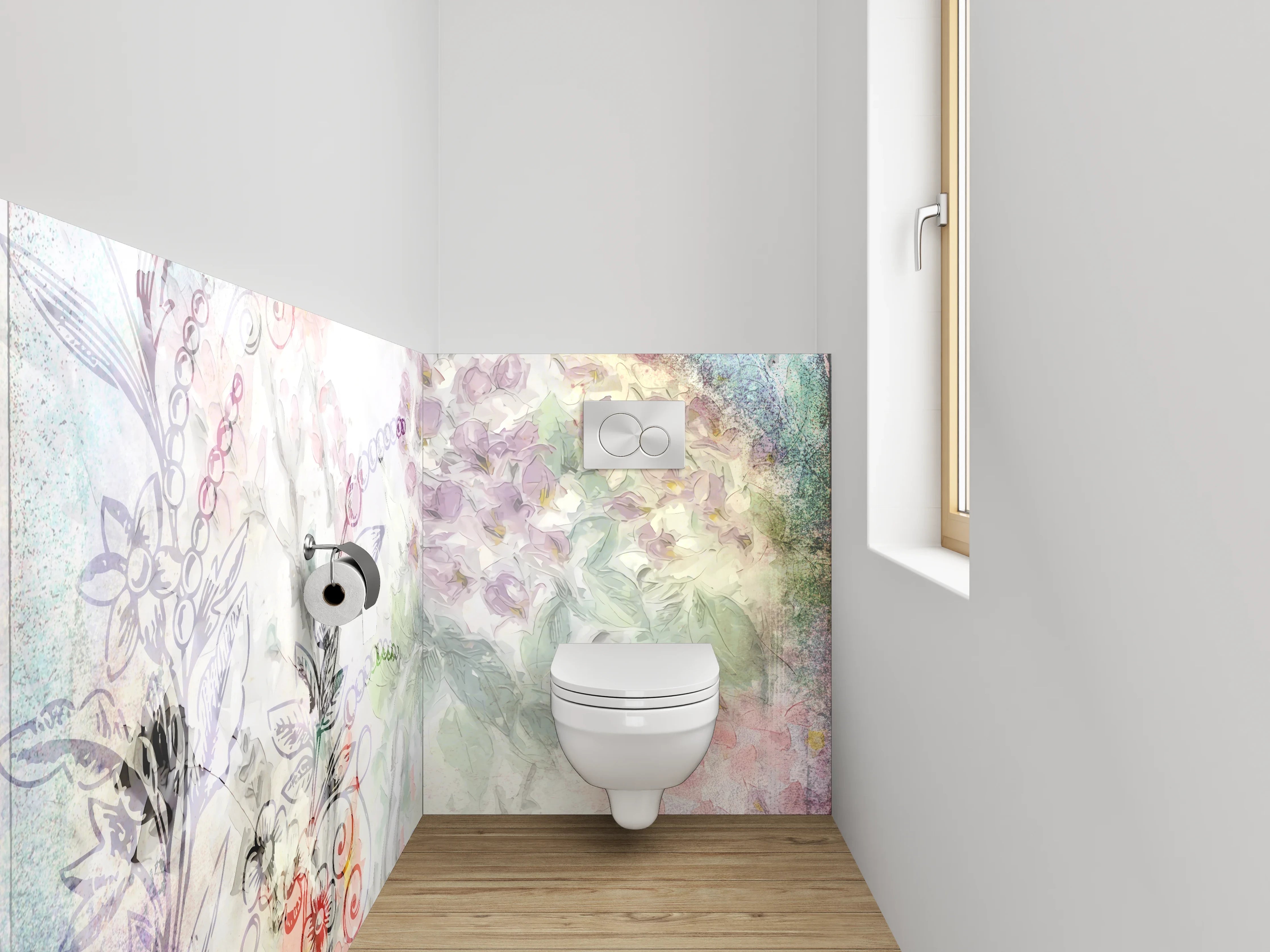 WC-Rückwand - Blumige Aquarell-Lineart Pflanzen Illustration