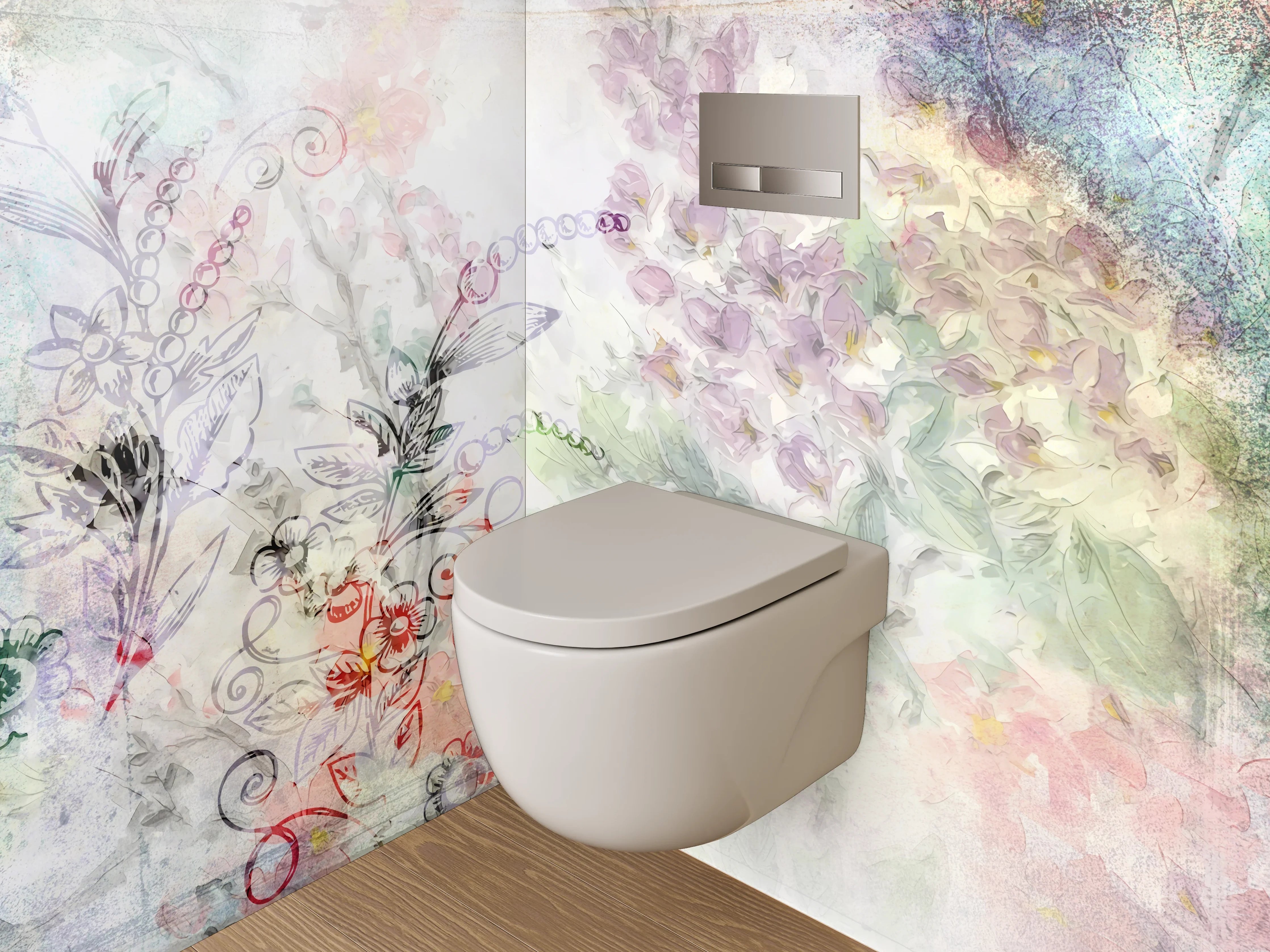 WC-Rückwand - Blumige Aquarell-Lineart Pflanzen Illustration