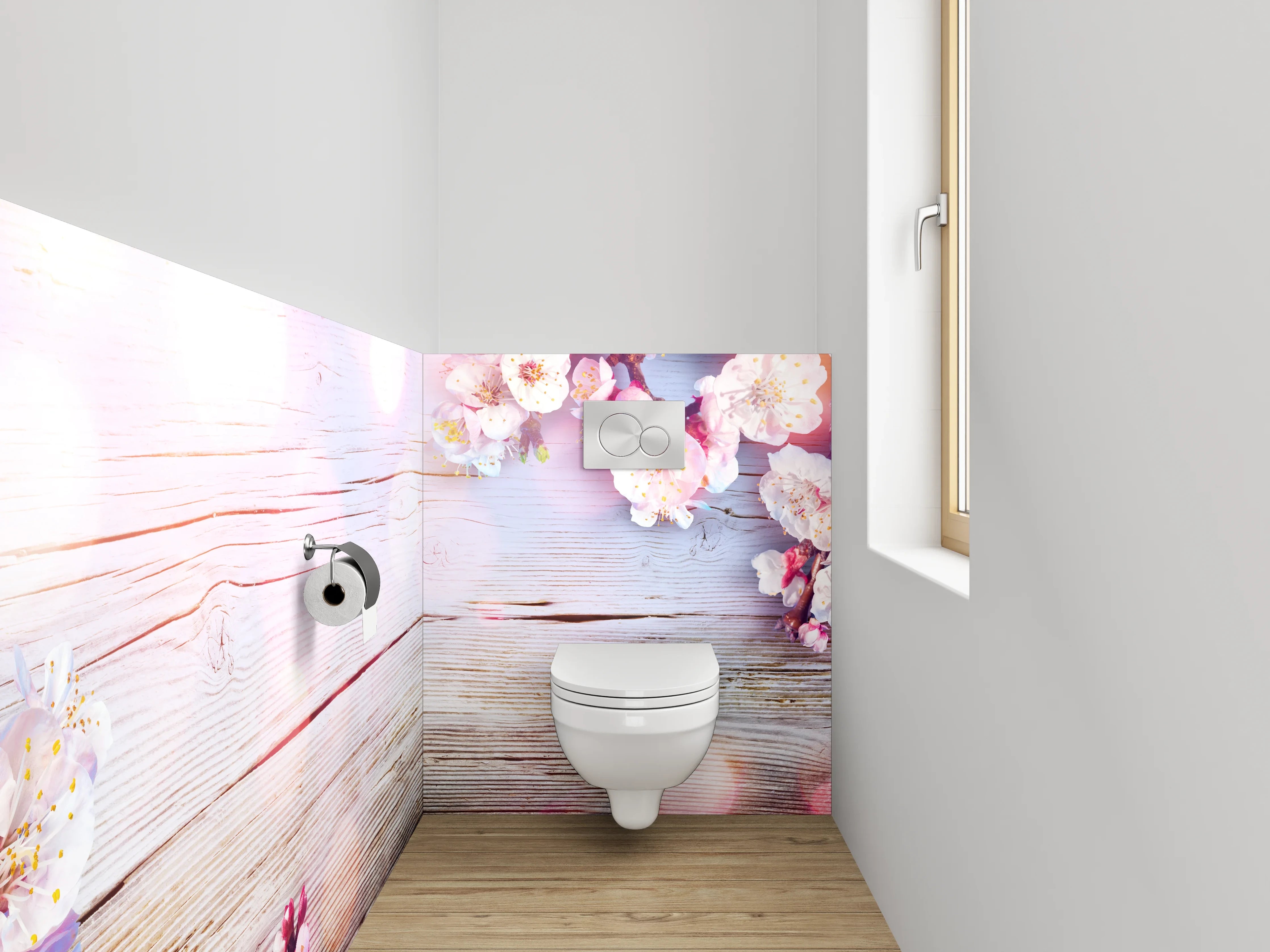 WC-Rückwand - Blumige Holzoptik – Sanfte Frühlingsdeko