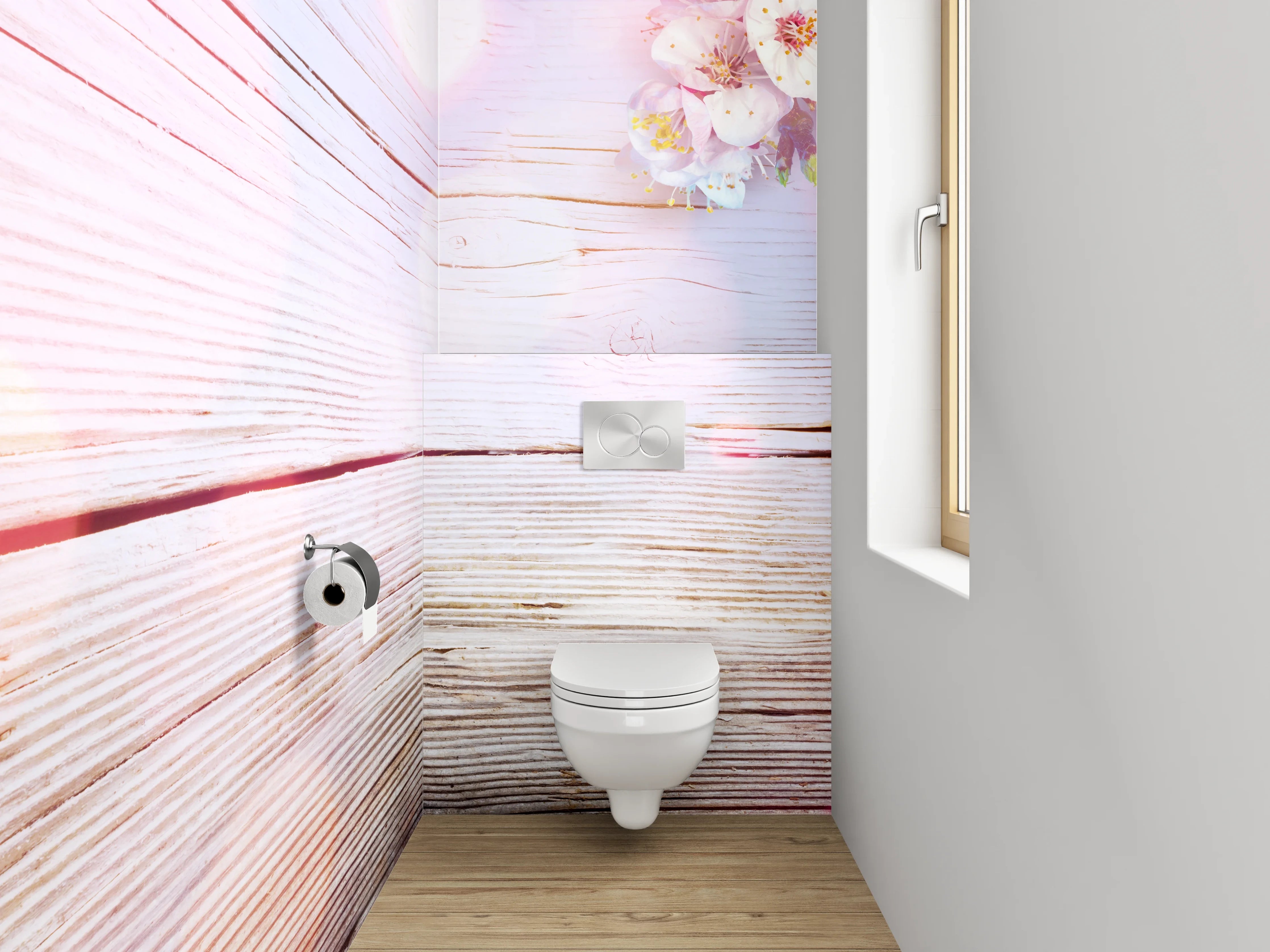 WC-Rückwand - Blumige Holzoptik – Sanfte Frühlingsdeko