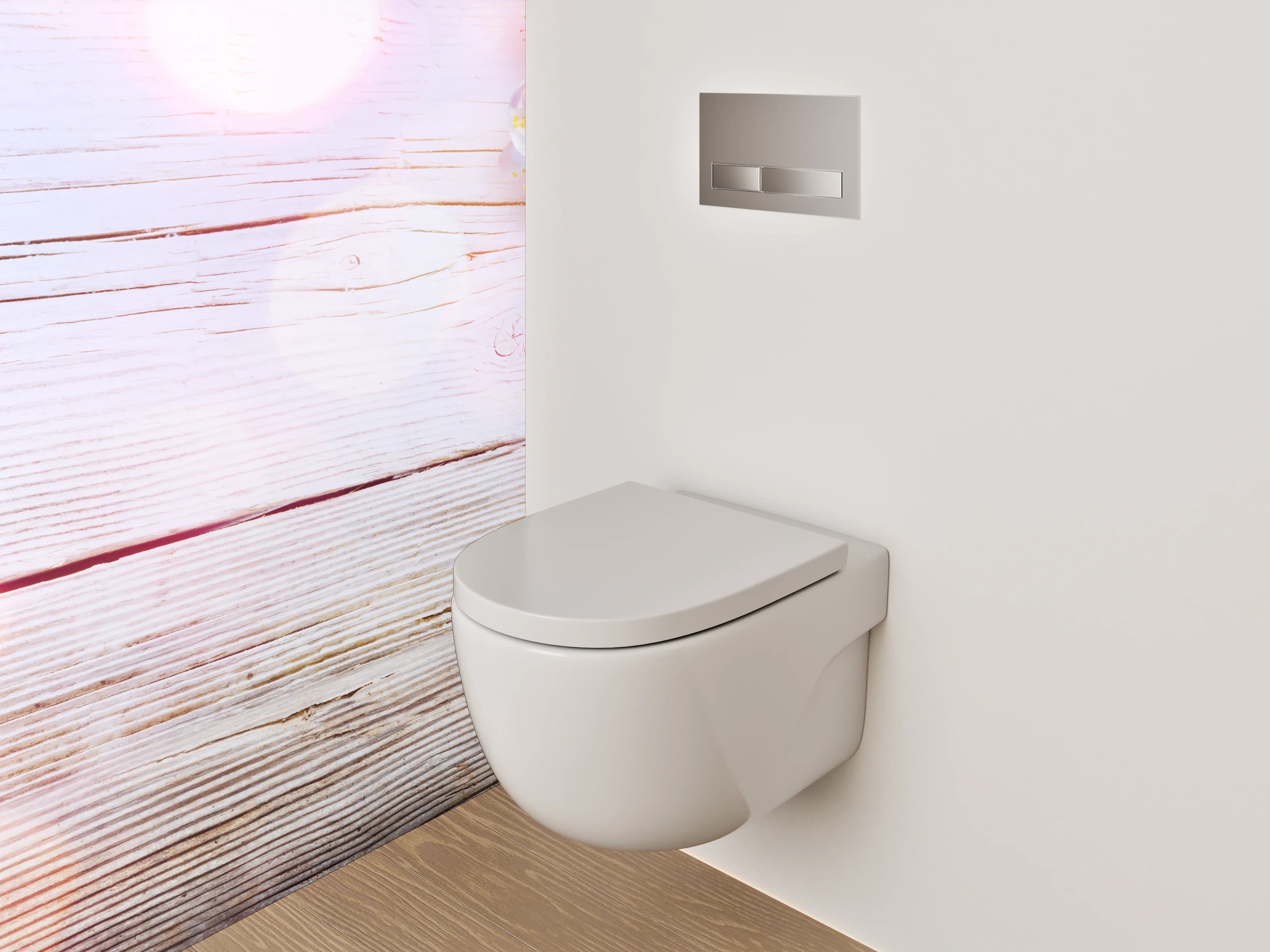 WC-Rückwand - Blumige Holzoptik – Sanfte Frühlingsdeko