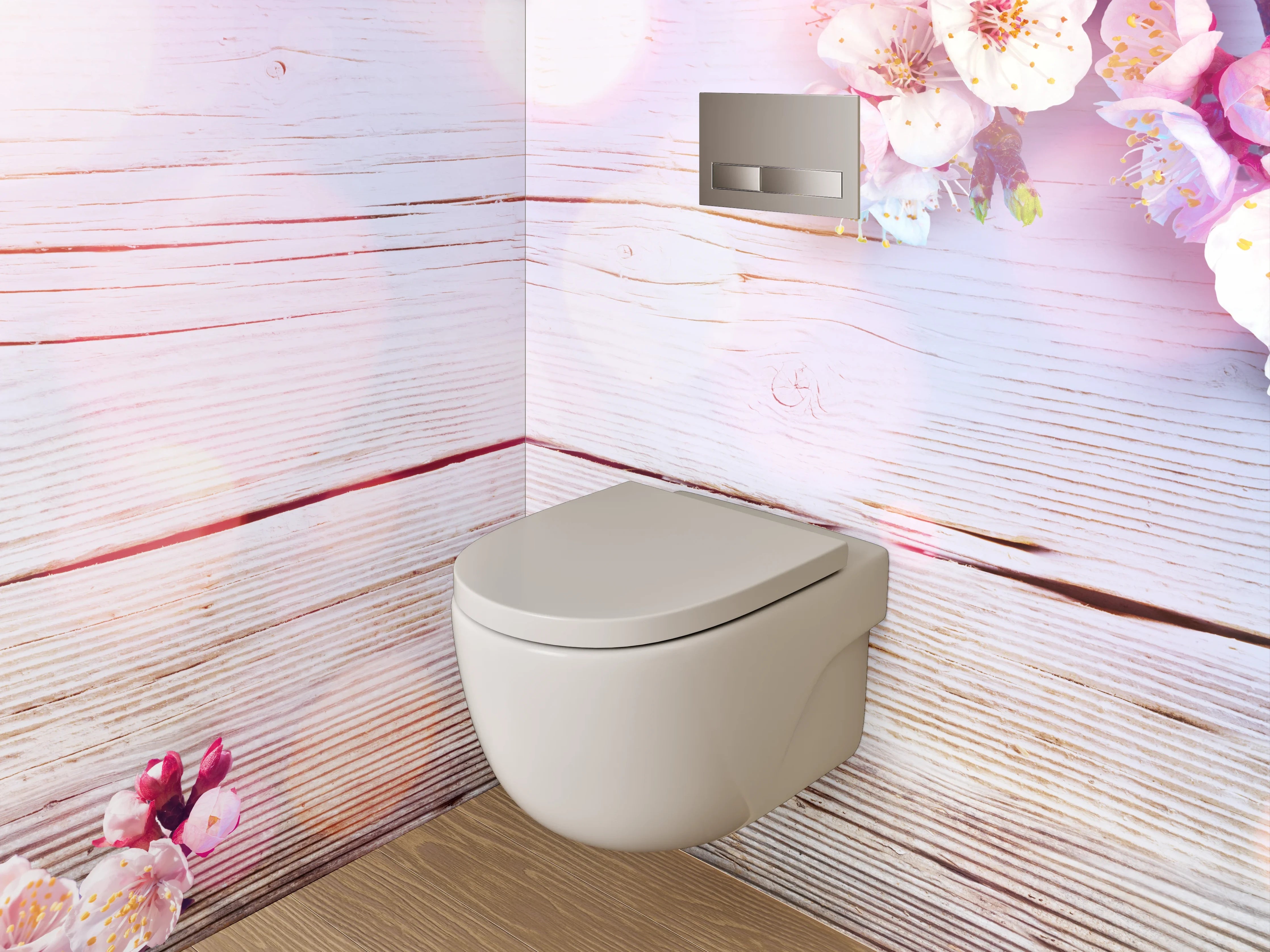 WC-Rückwand - Blumige Holzoptik – Sanfte Frühlingsdeko