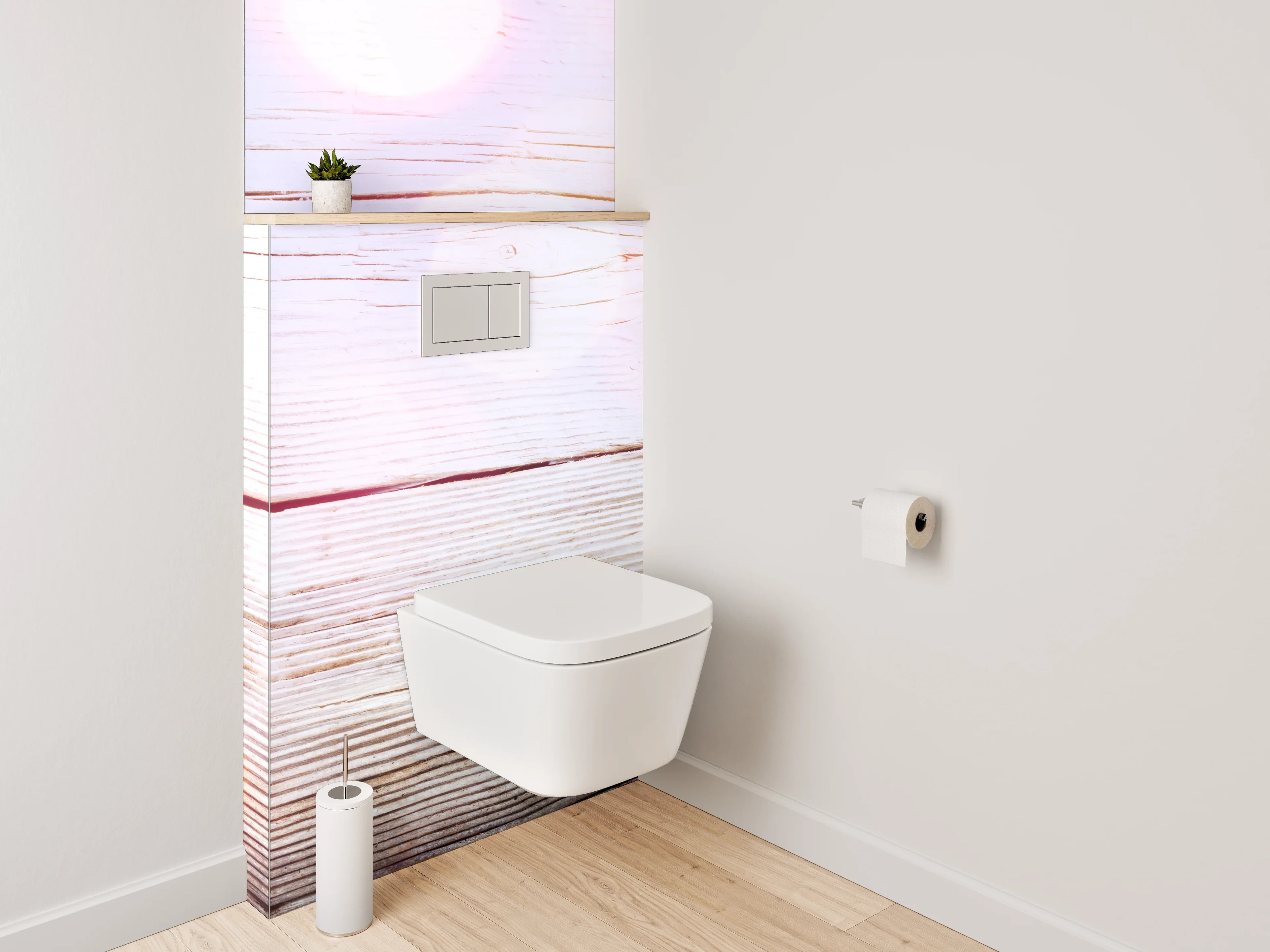 WC-Rückwand - Blumige Holzoptik – Sanfte Frühlingsdeko