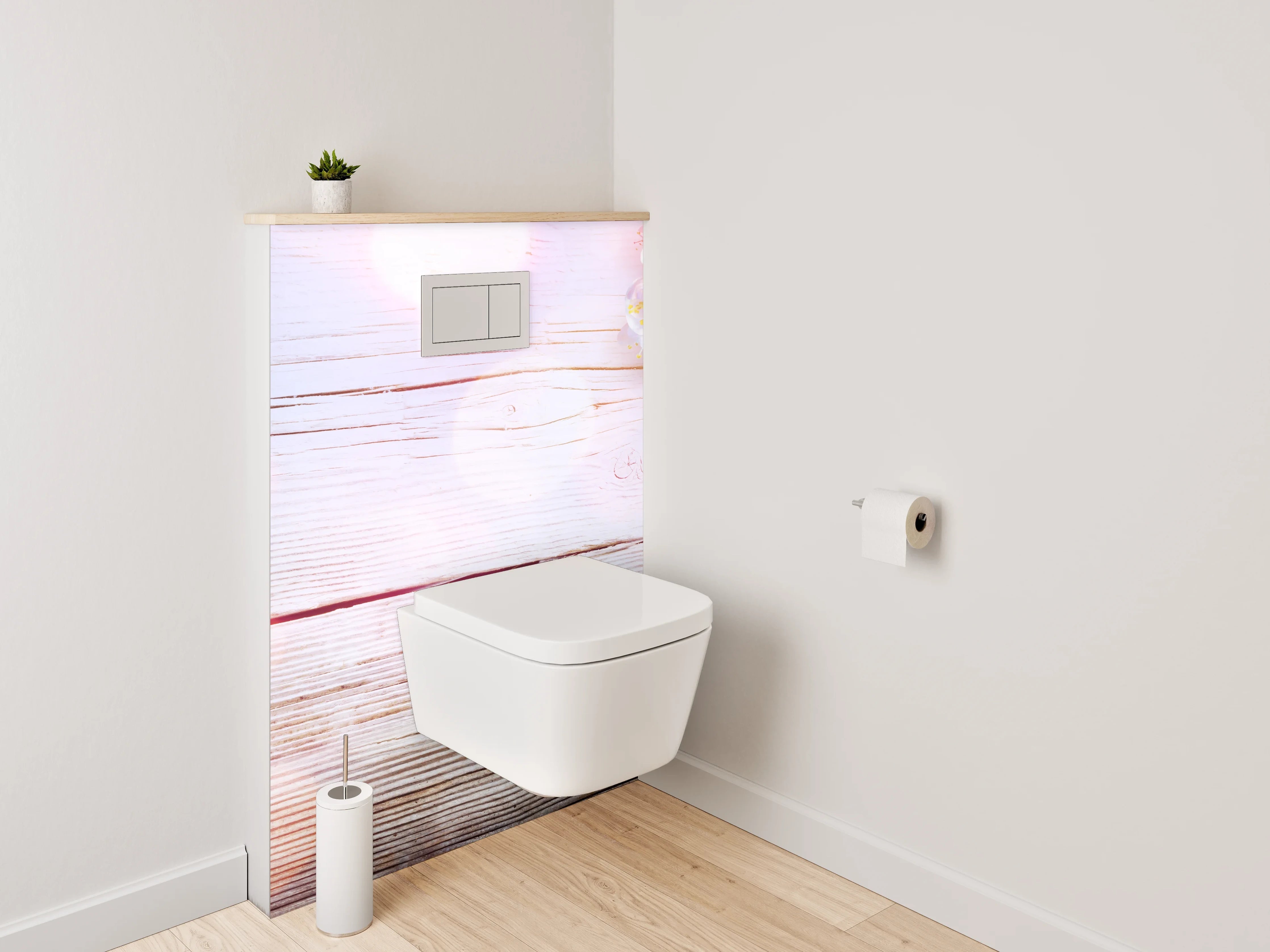 WC-Rückwand - Blumige Holzoptik – Sanfte Frühlingsdeko