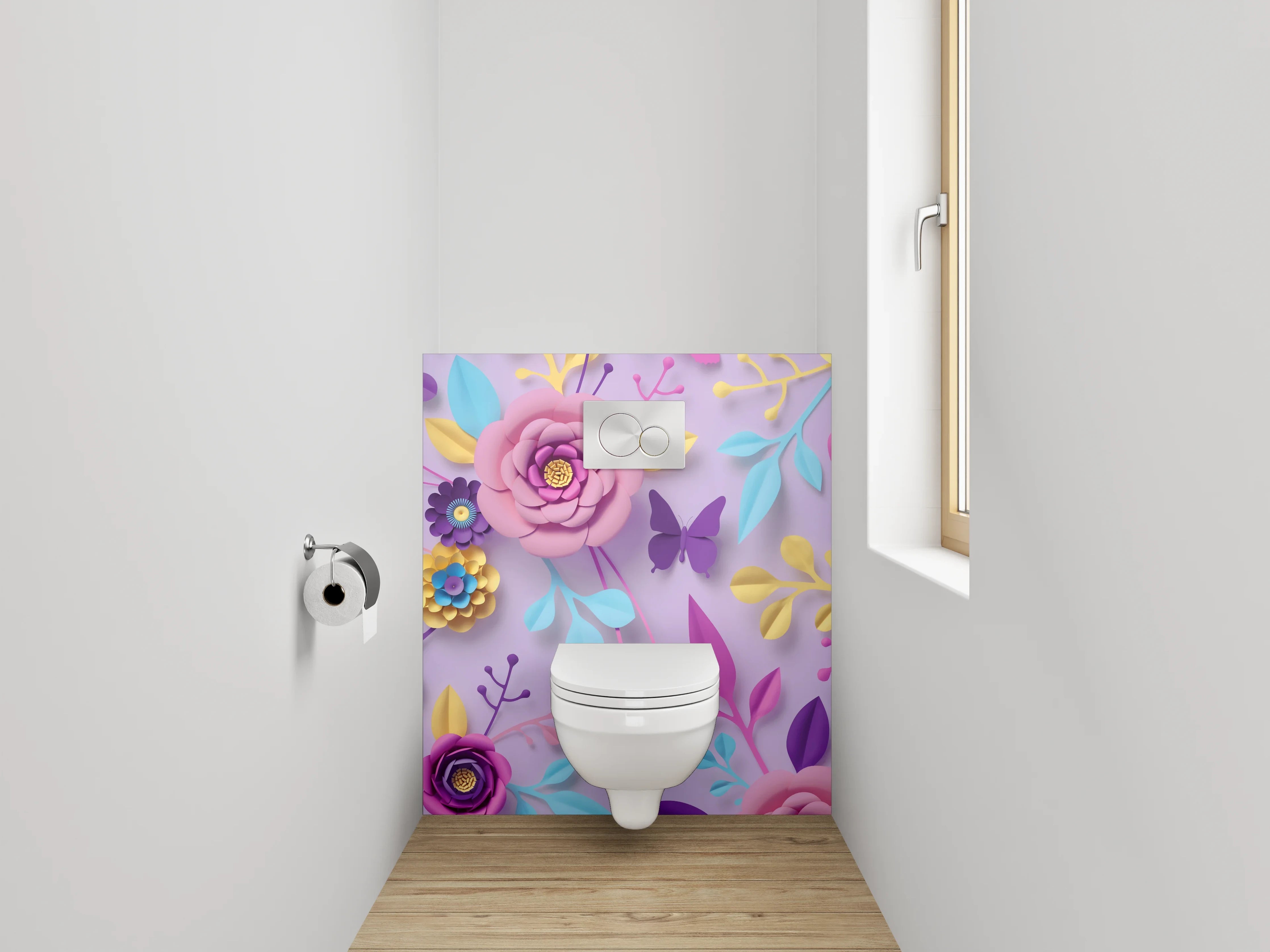 WC-Rückwand - Blumige Papierkunst auf Flieder