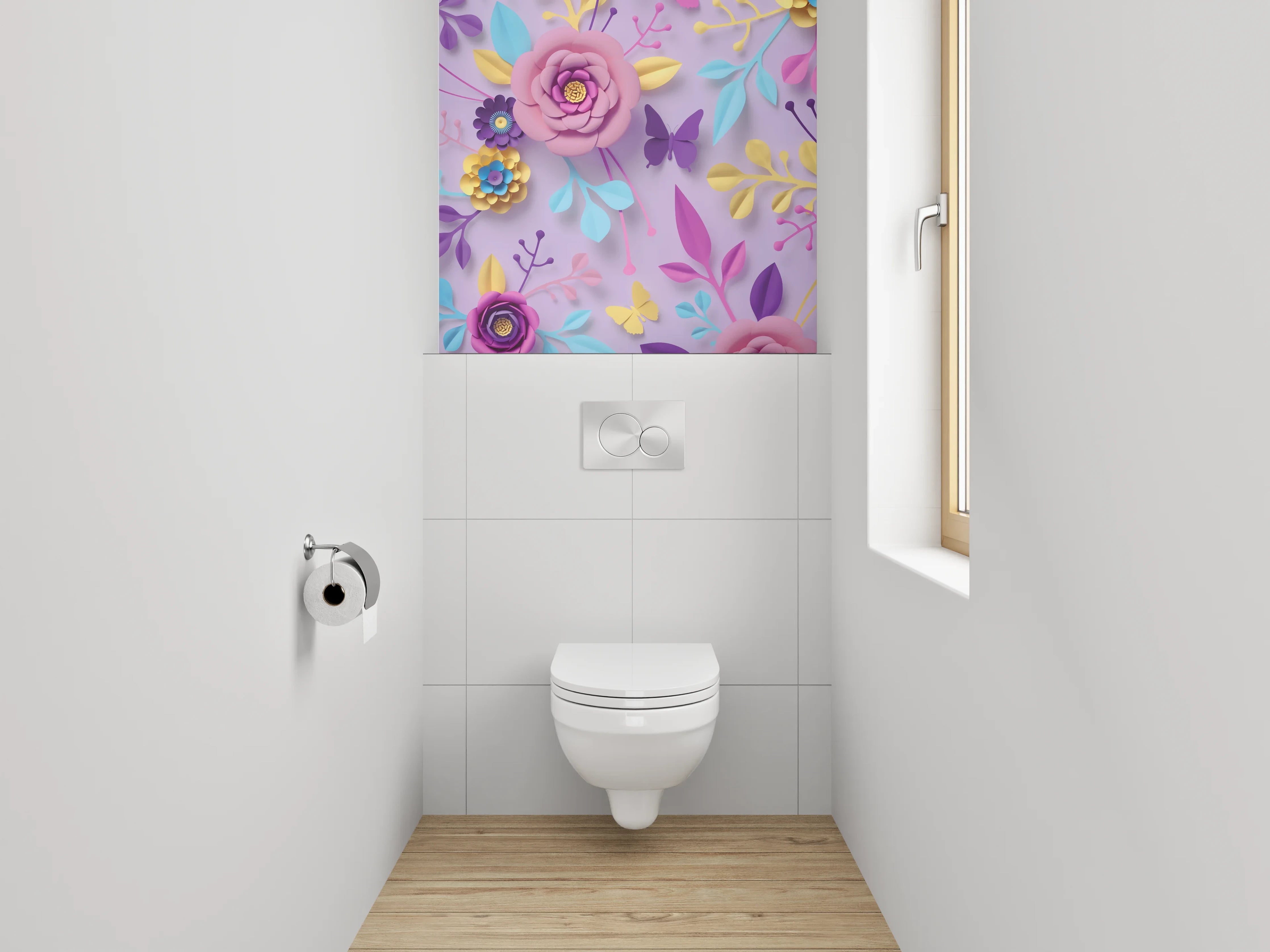 WC-Rückwand - Blumige Papierkunst auf Flieder