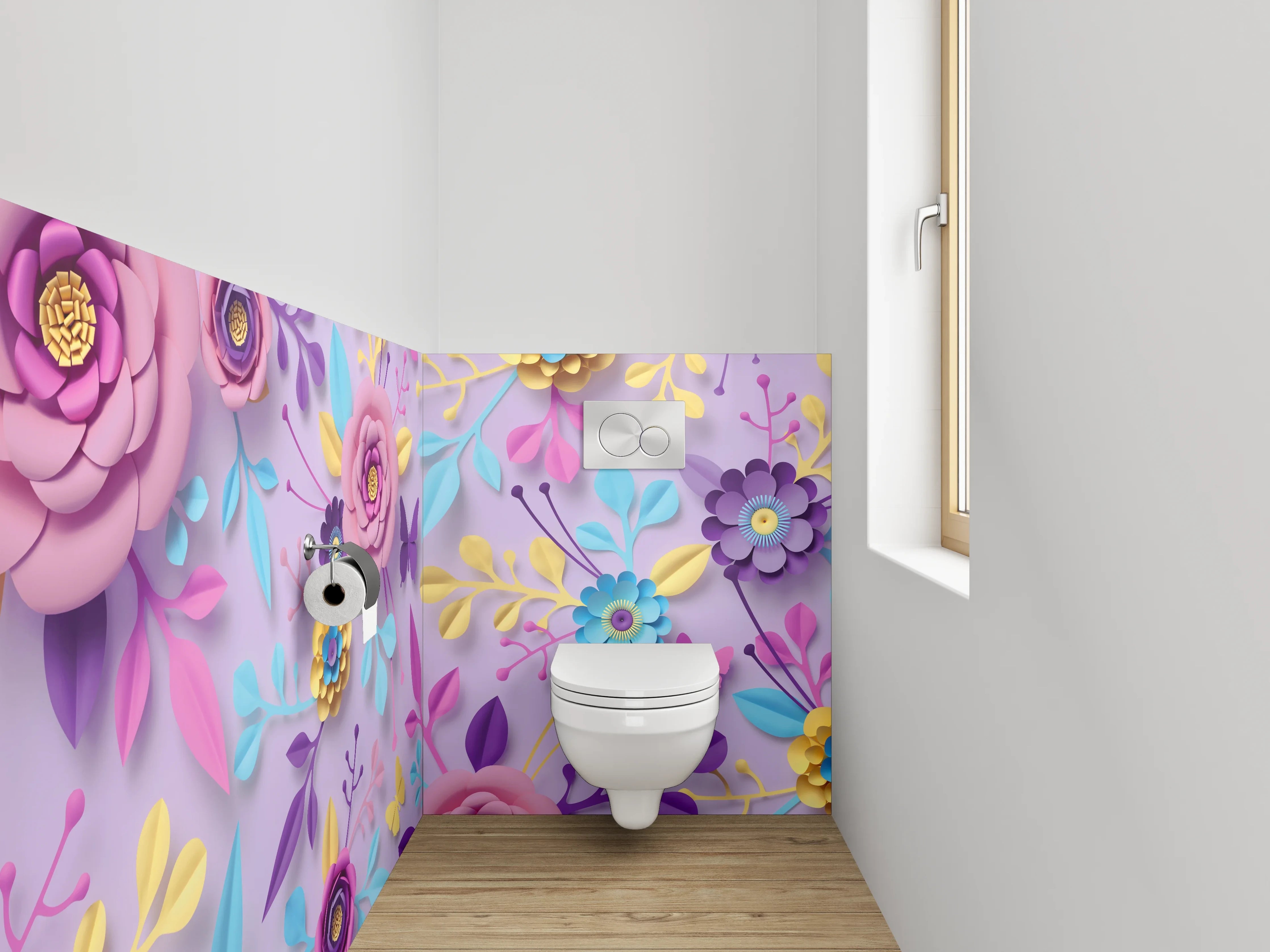 WC-Rückwand - Blumige Papierkunst auf Flieder