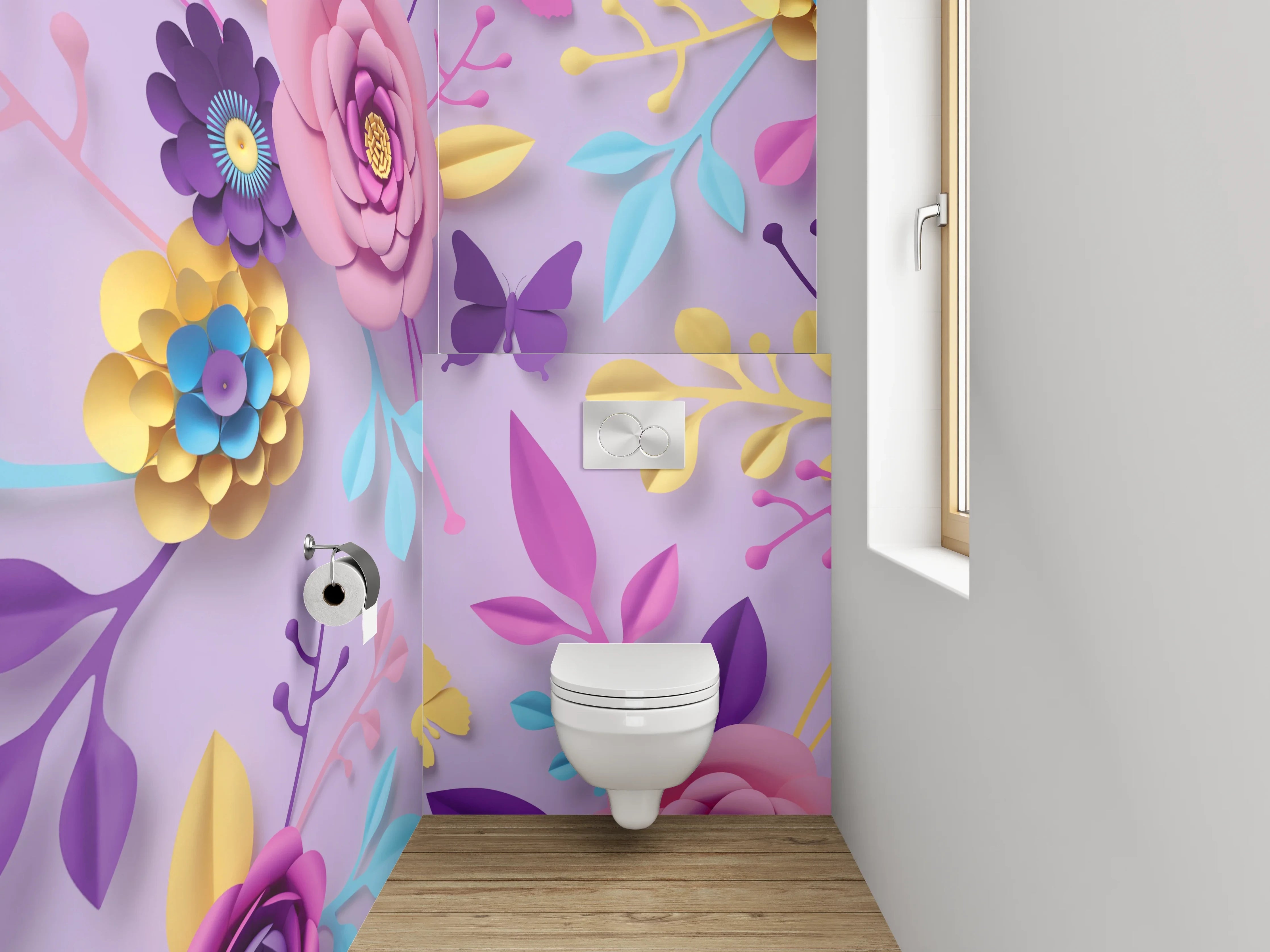 WC-Rückwand - Blumige Papierkunst auf Flieder