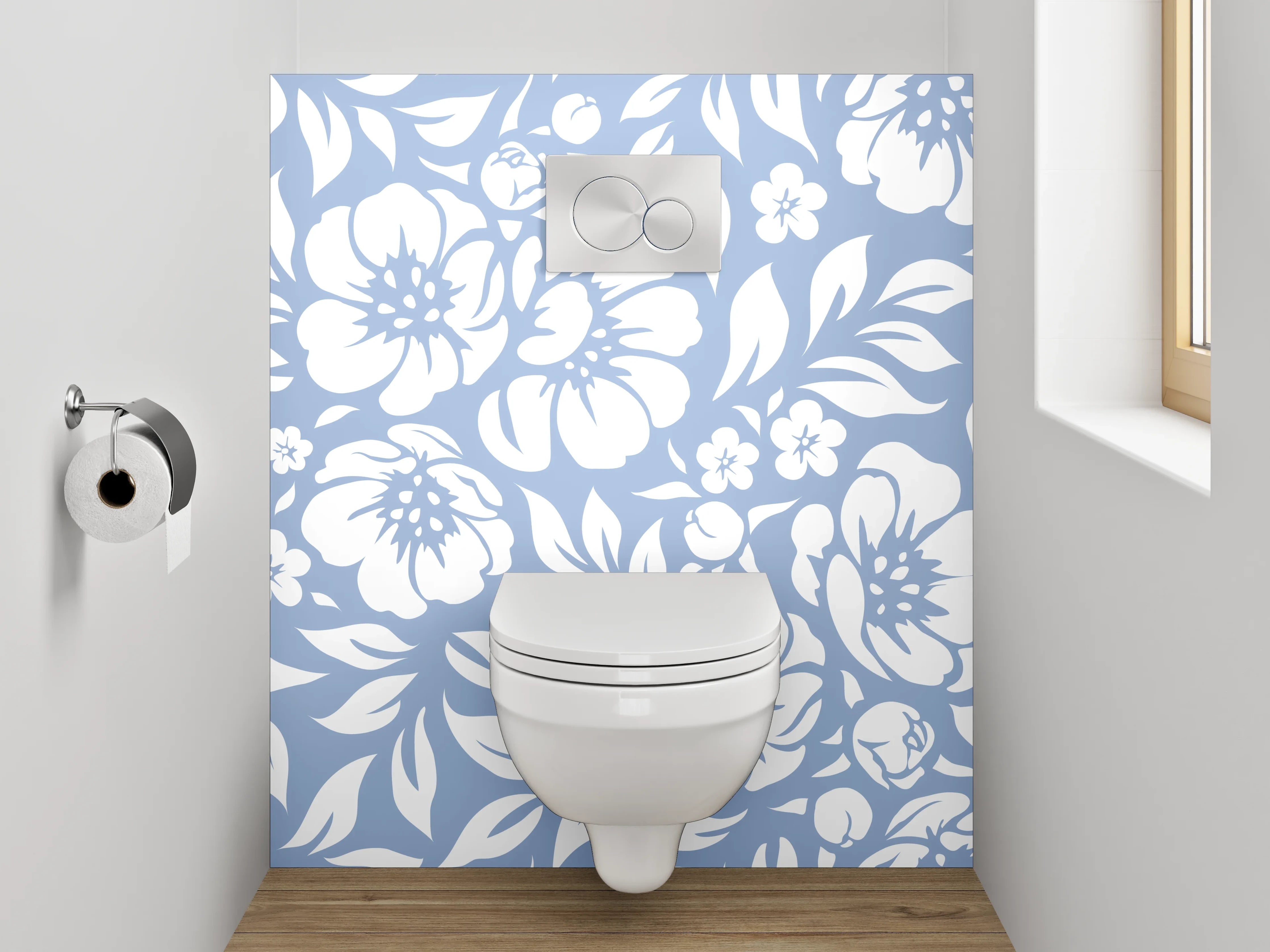 WC-Rückwand - Blumiges Muster Blau-Weiß Floral
