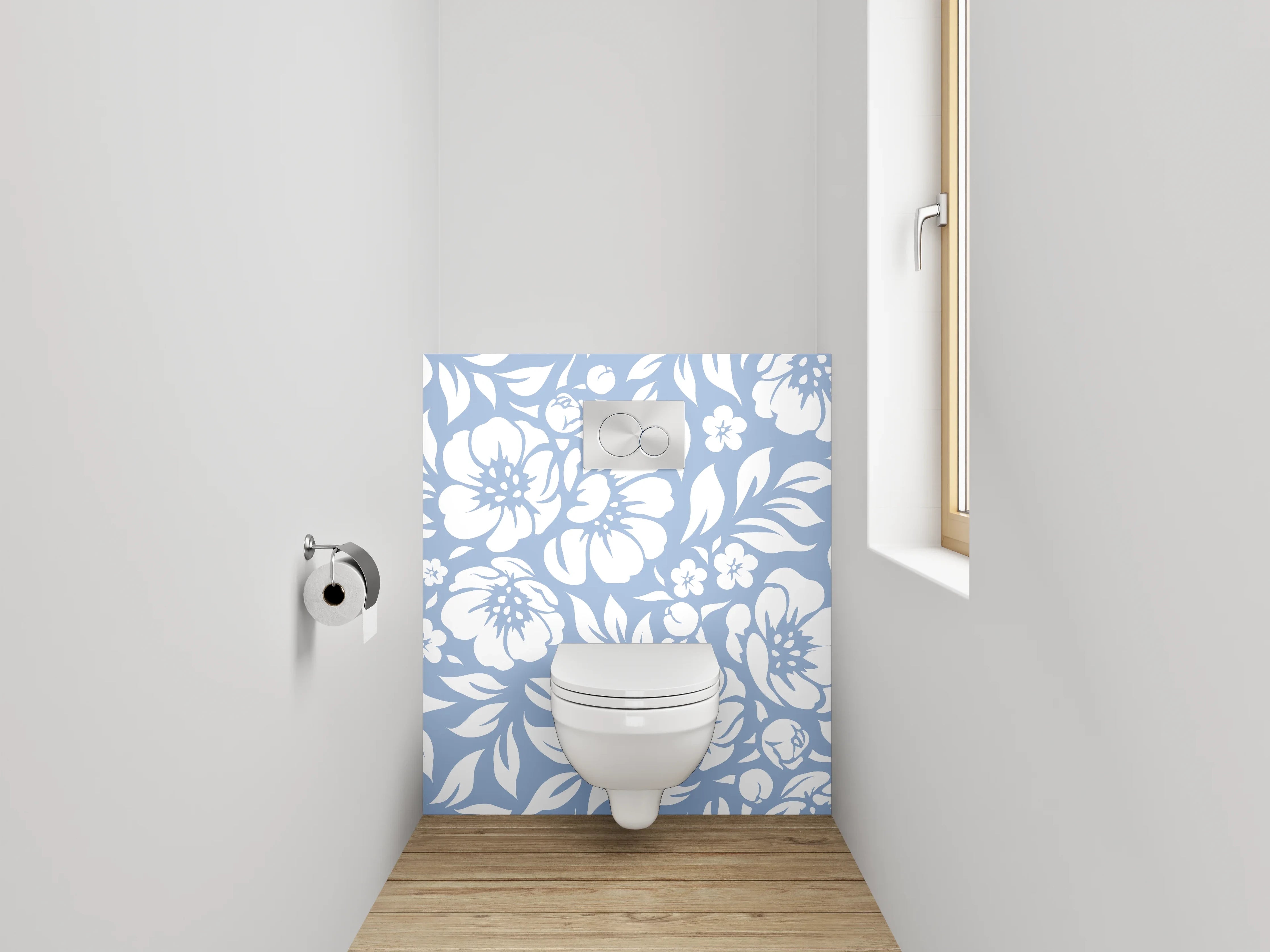 WC-Rückwand - Blumiges Muster Blau-Weiß Floral