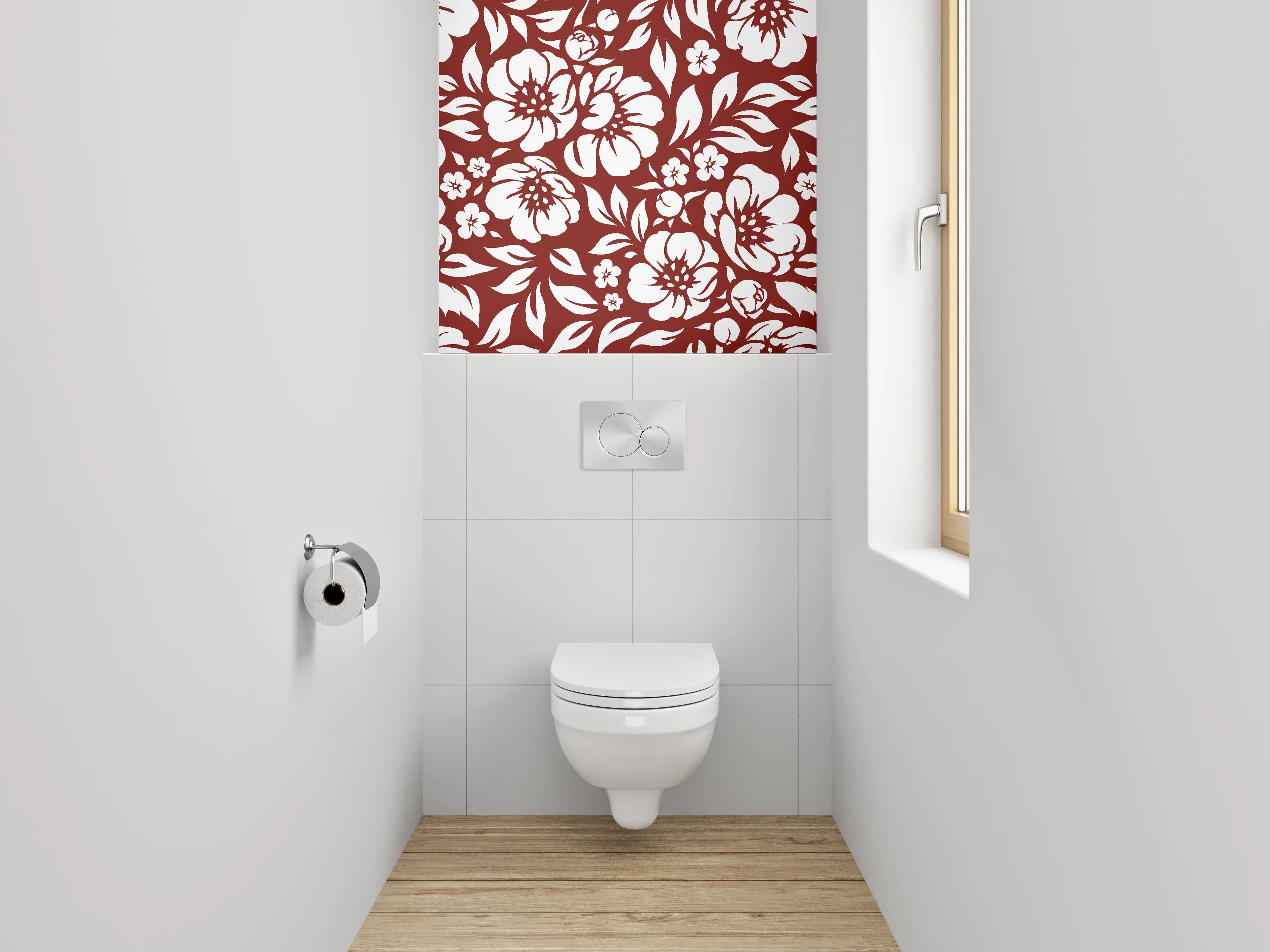 WC-Rückwand - Blumiges Ornamentmuster Rot-Weiß