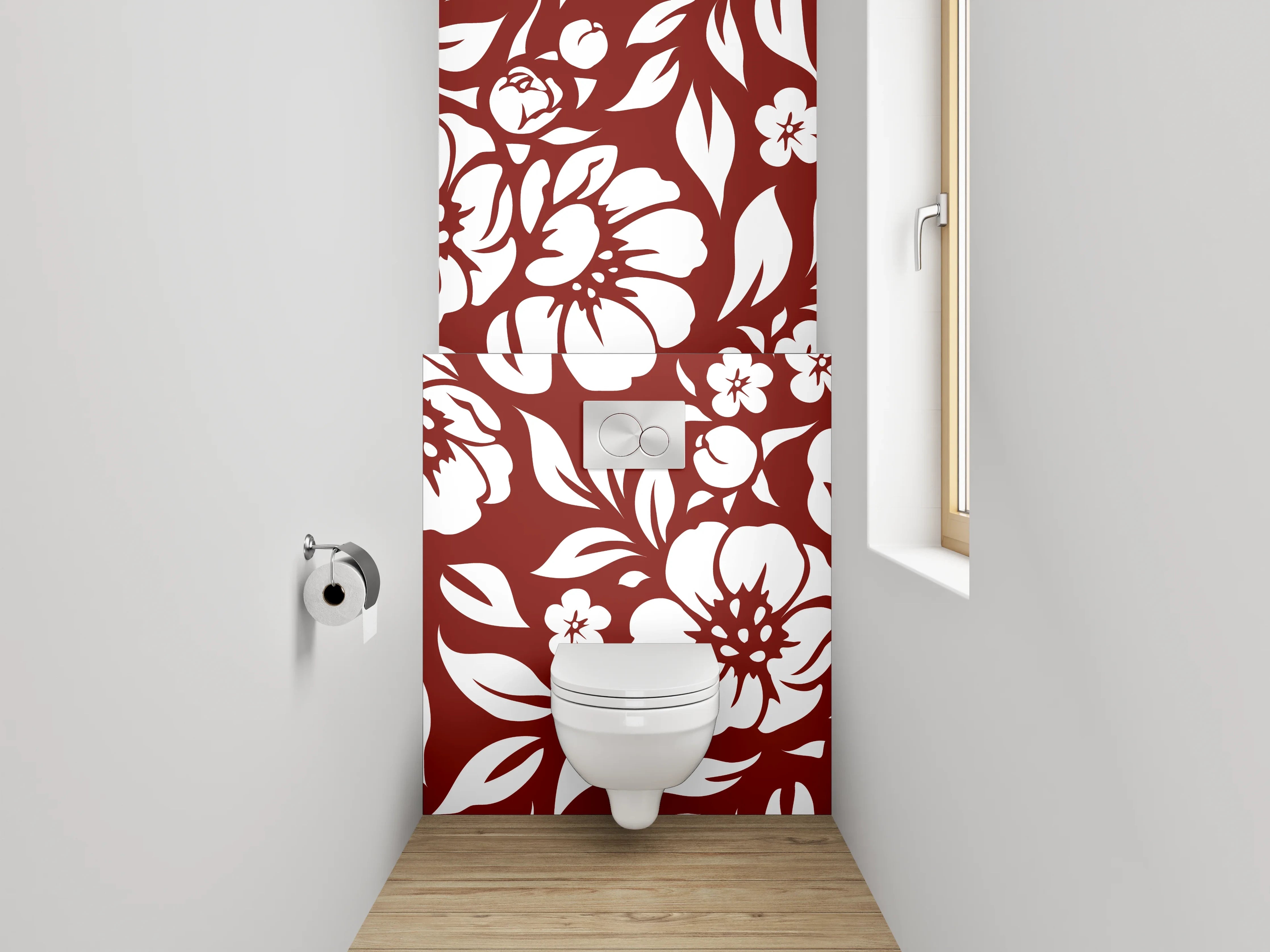 WC-Rückwand - Blumiges Ornamentmuster Rot-Weiß
