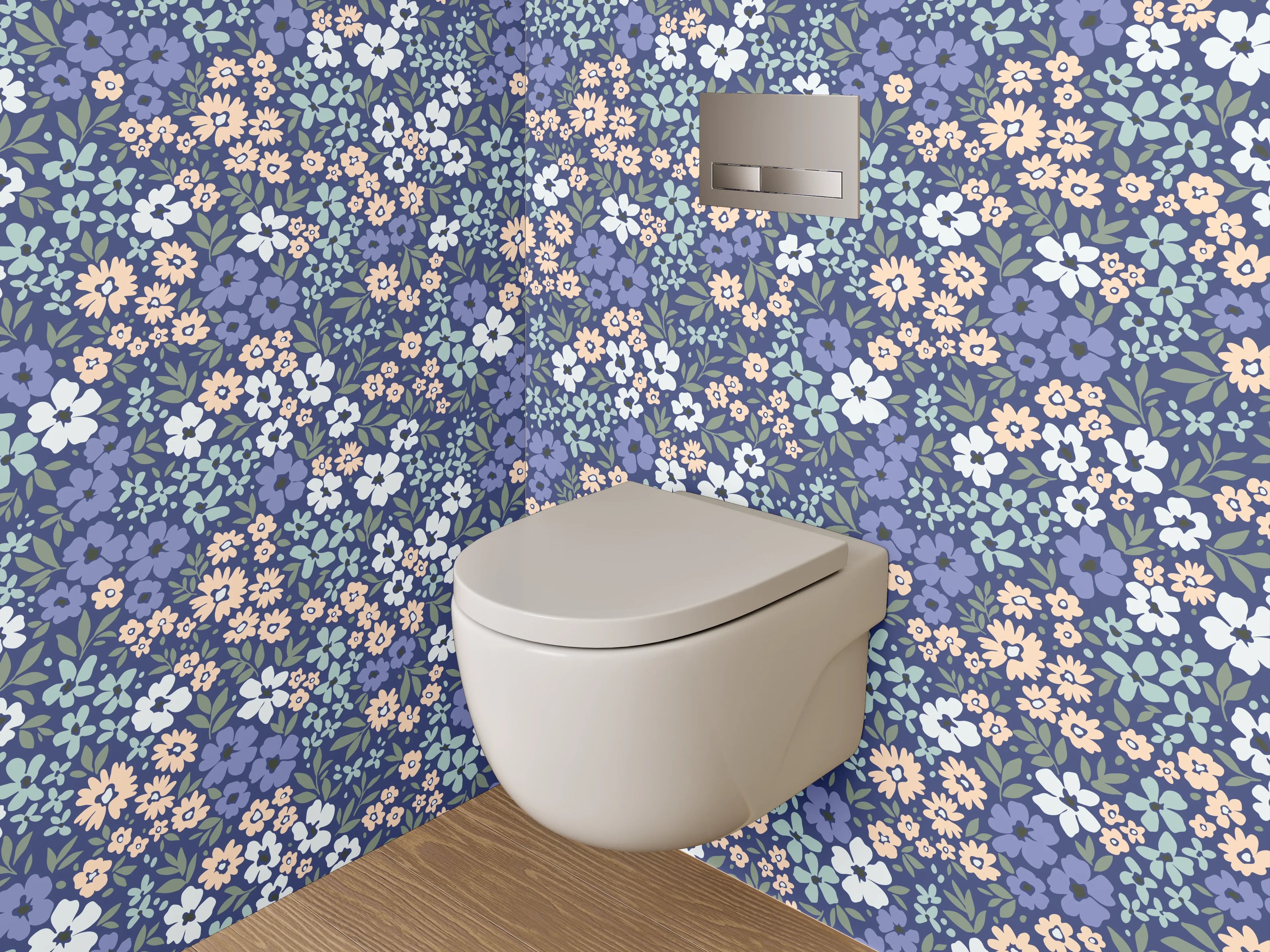 WC-Rückwand - Blumiges Vintage-Blumenmuster Blau Rosa