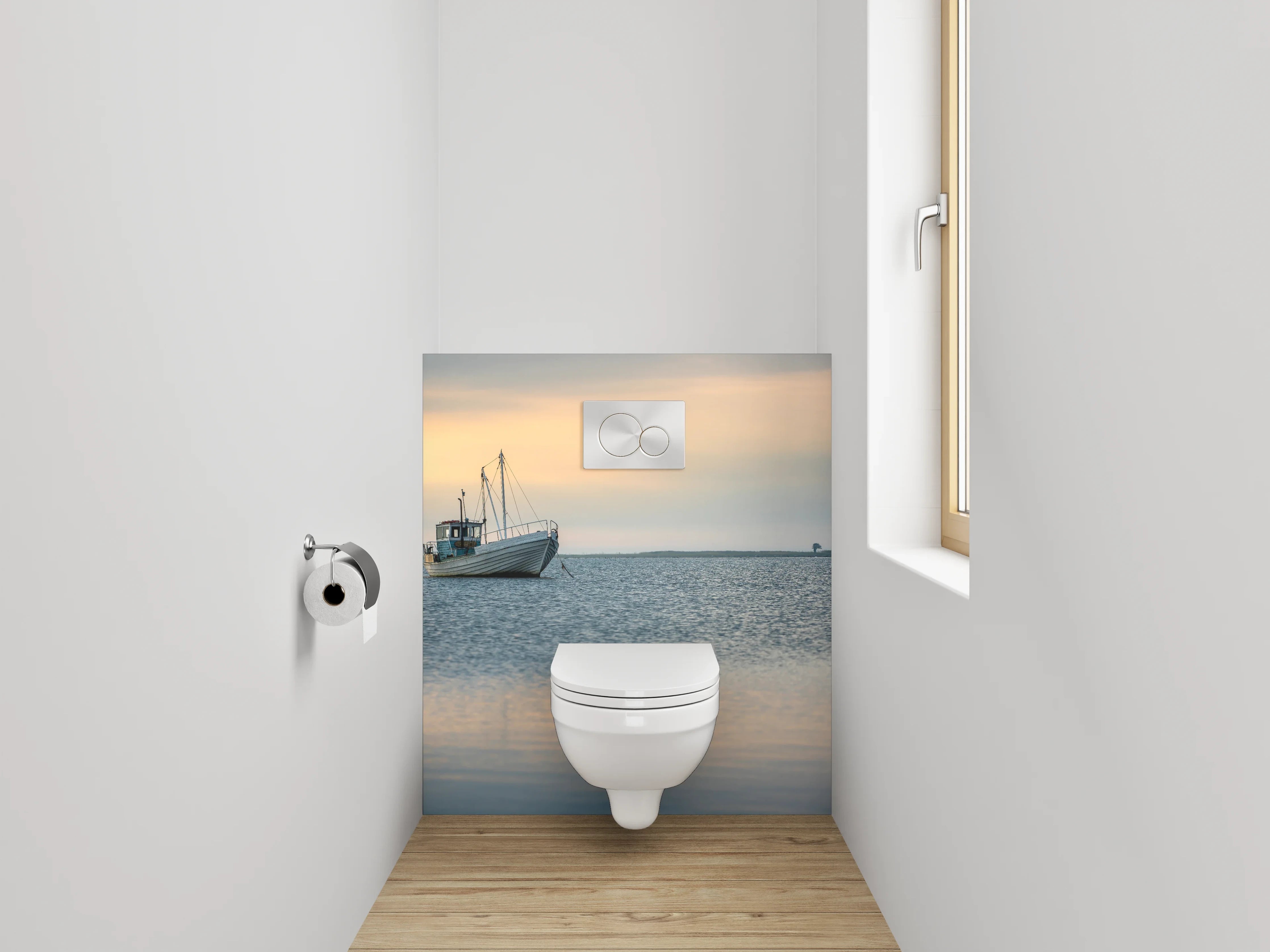 WC-Rückwand - Boot auf ruhigem See bei Sonnenuntergang