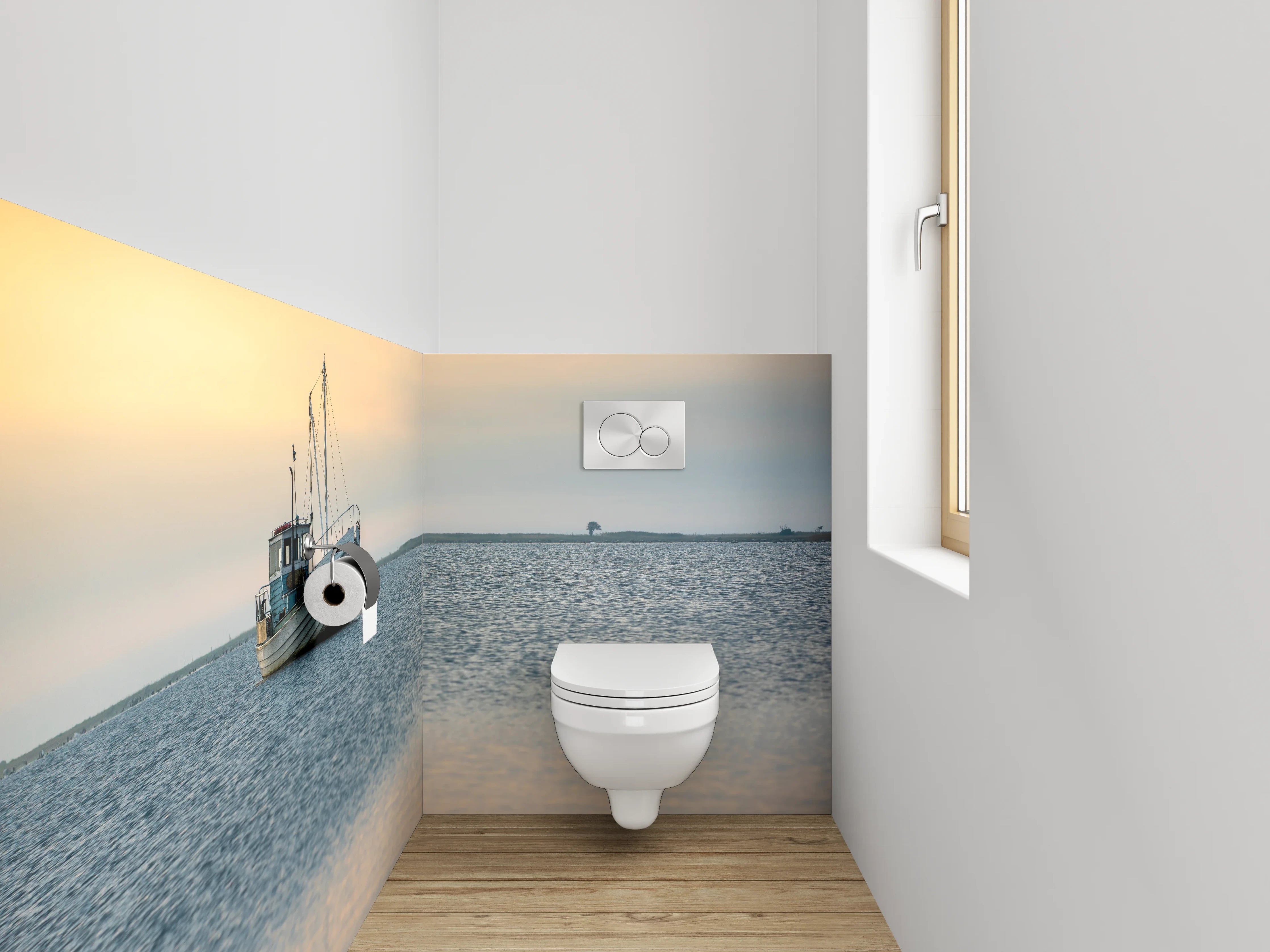 WC-Rückwand - Boot auf ruhigem See bei Sonnenuntergang