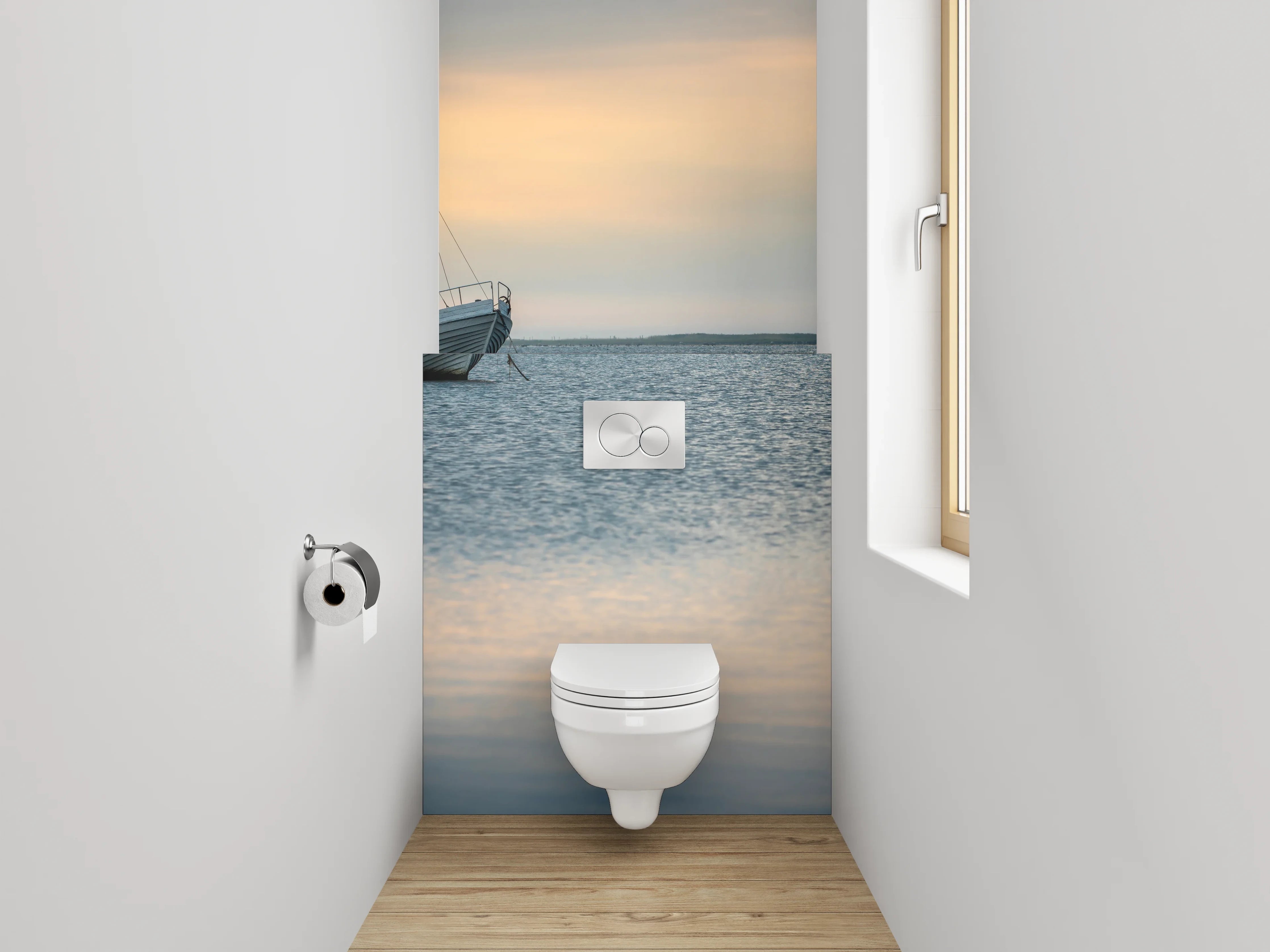 WC-Rückwand - Boot auf ruhigem See bei Sonnenuntergang