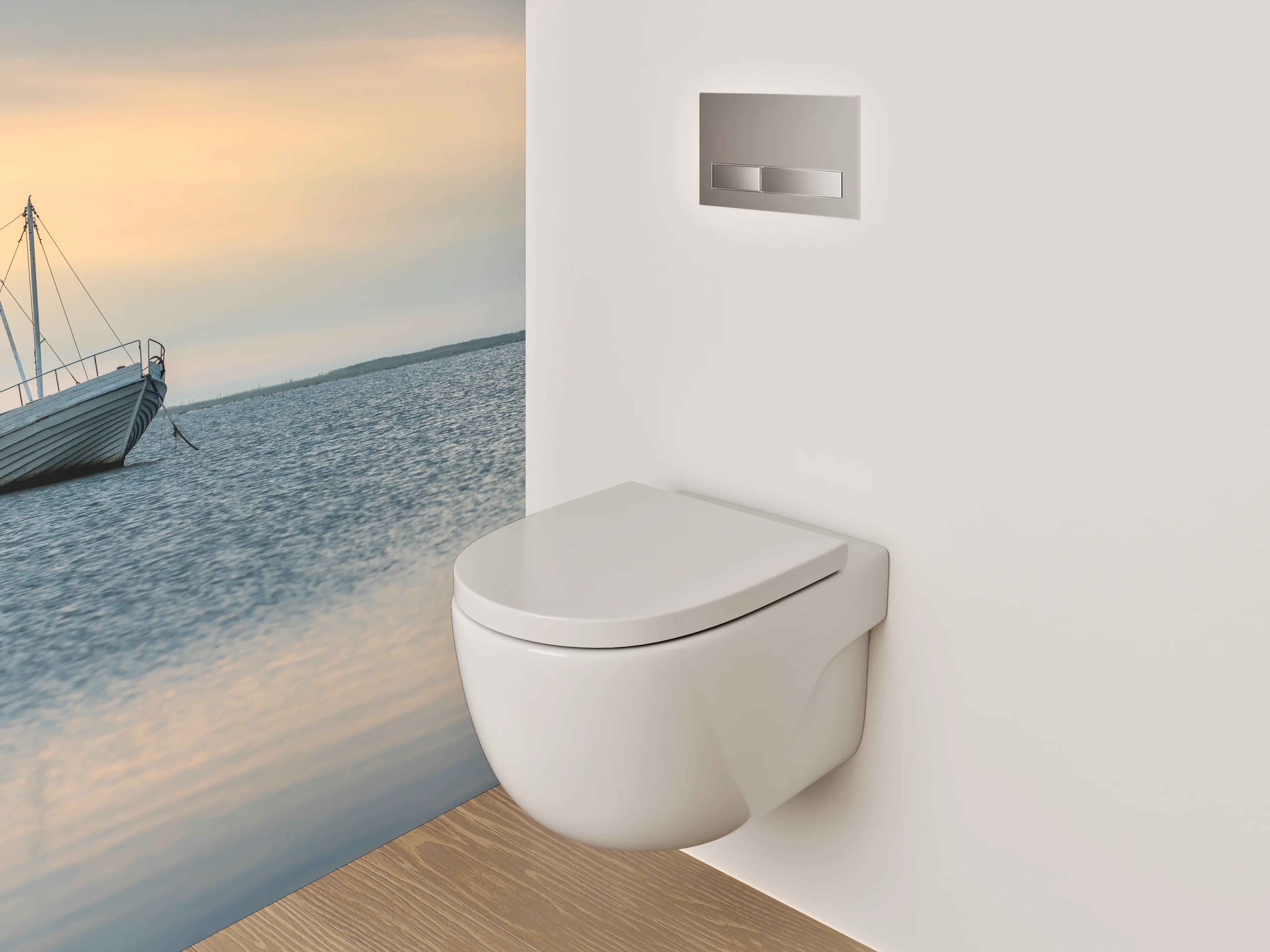 WC-Rückwand - Boot auf ruhigem See bei Sonnenuntergang