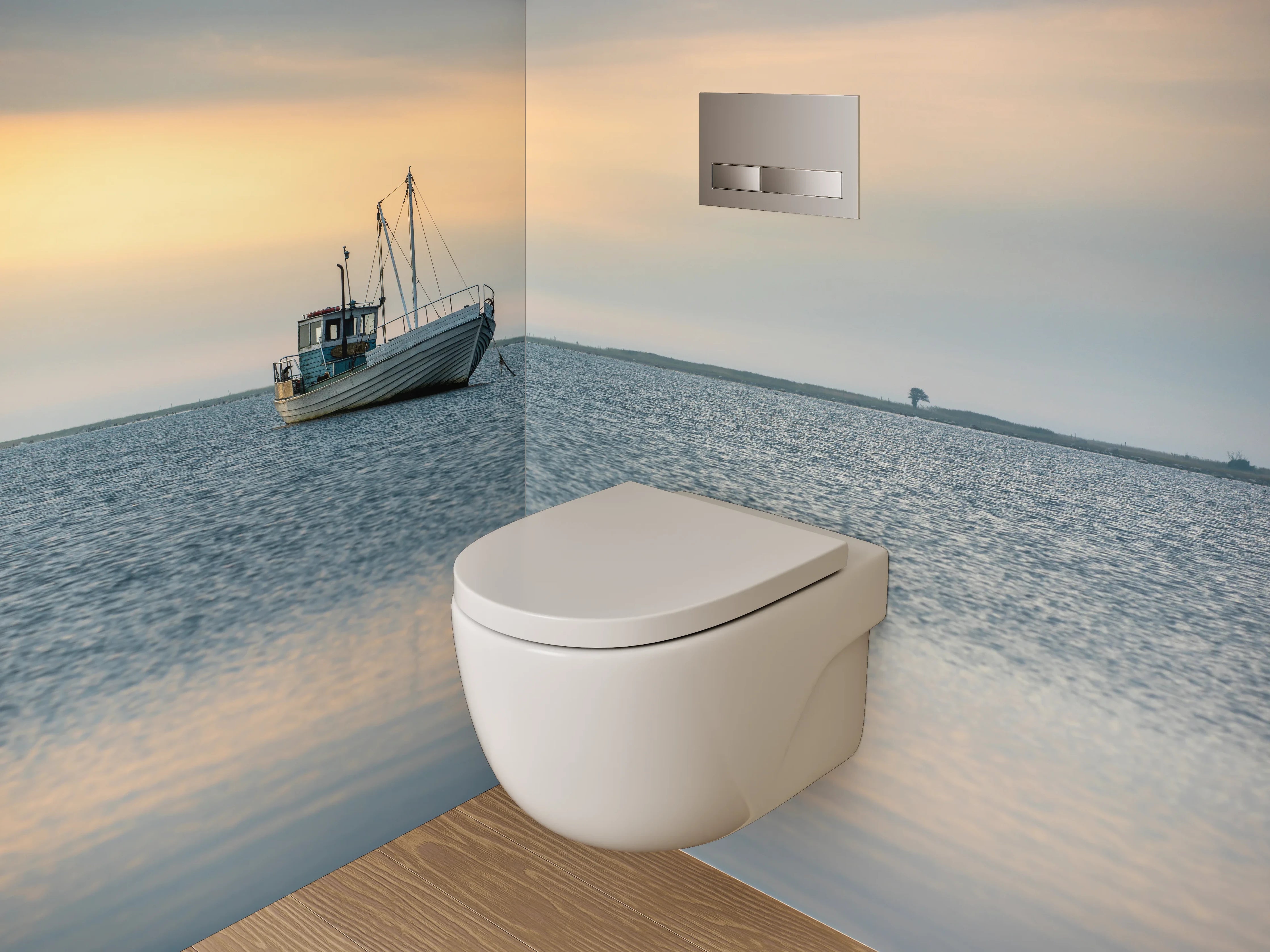 WC-Rückwand - Boot auf ruhigem See bei Sonnenuntergang