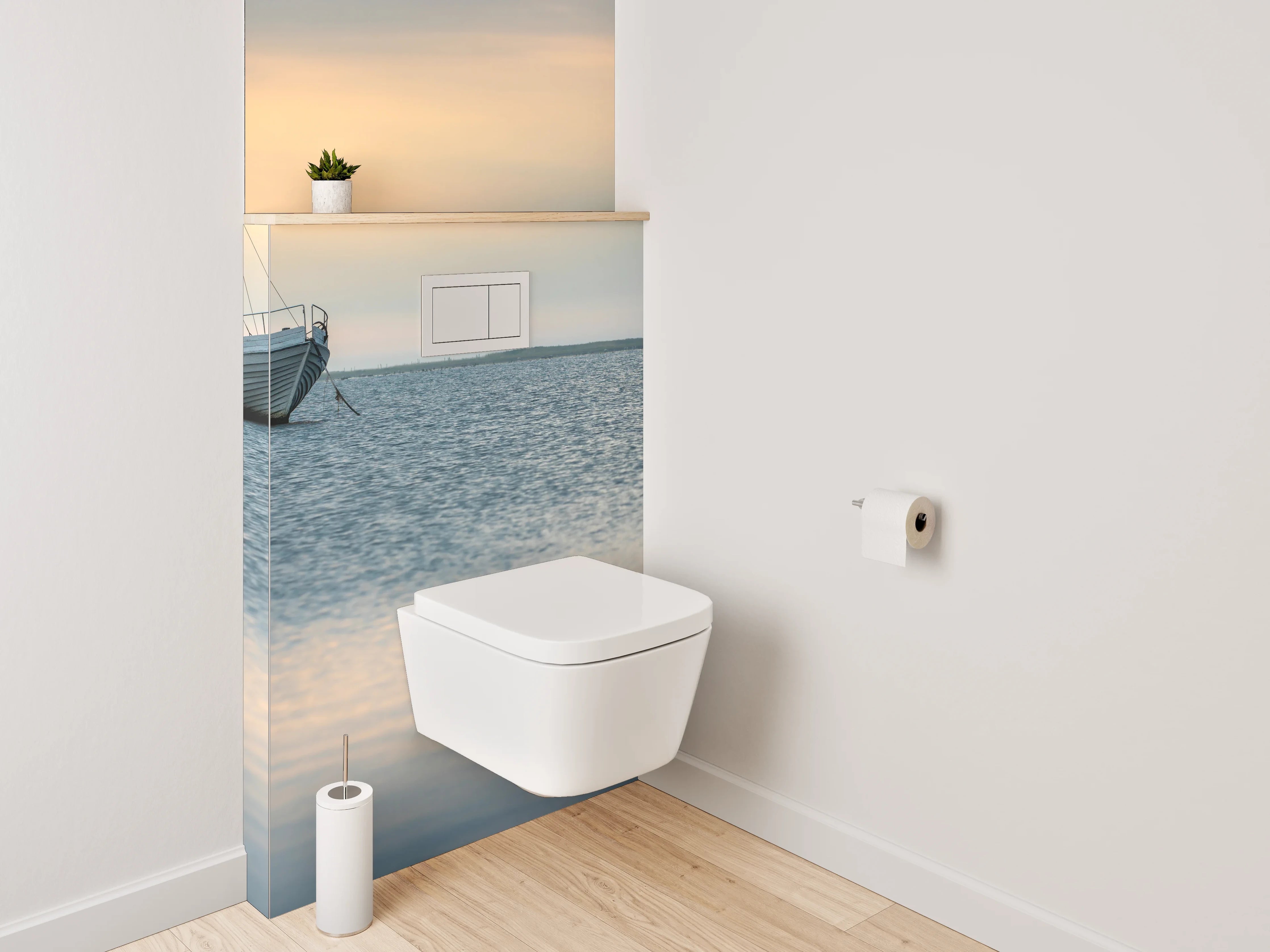 WC-Rückwand - Boot auf ruhigem See bei Sonnenuntergang