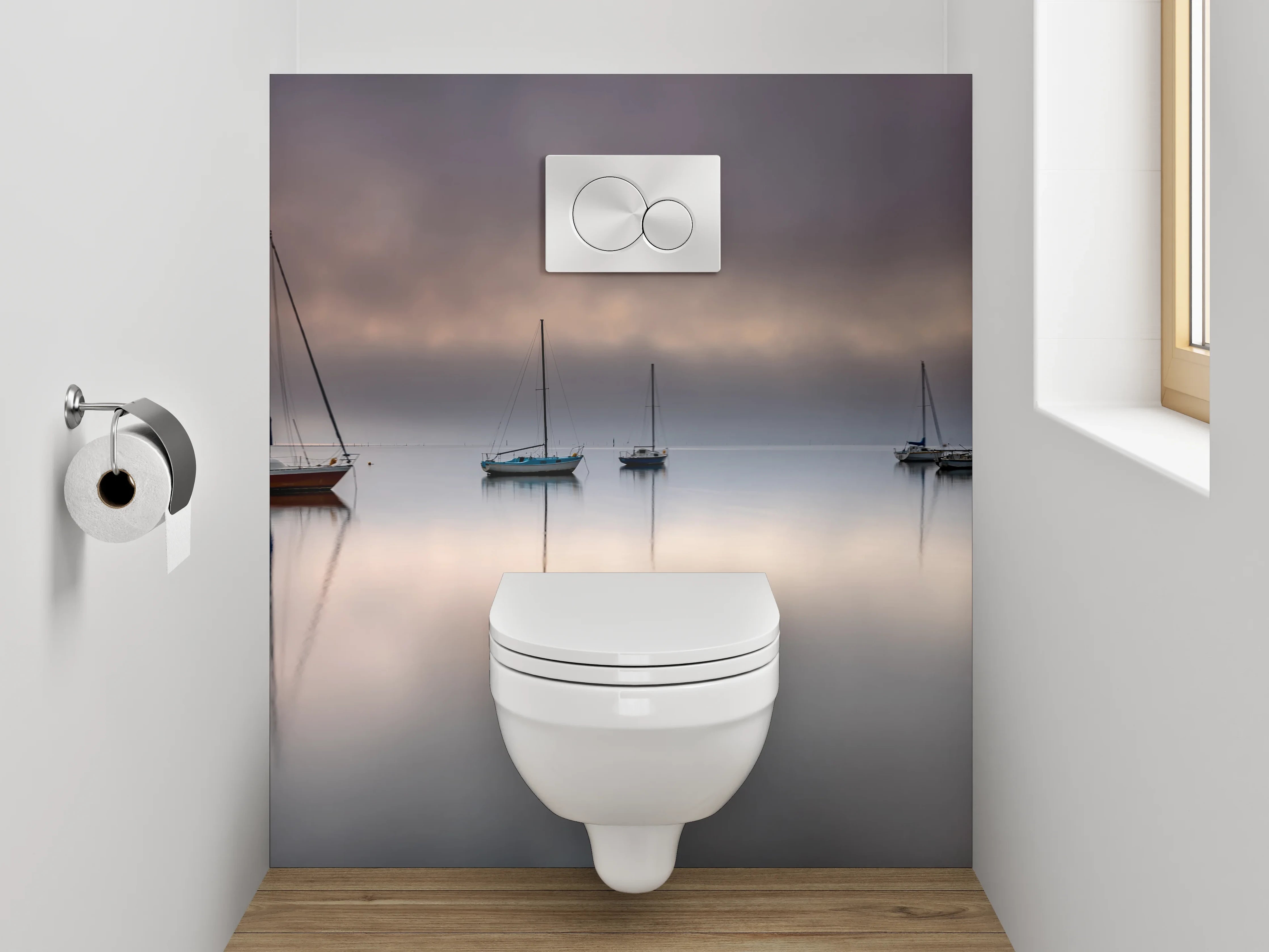 WC-Rückwand - Boote auf stillem Nebelsee