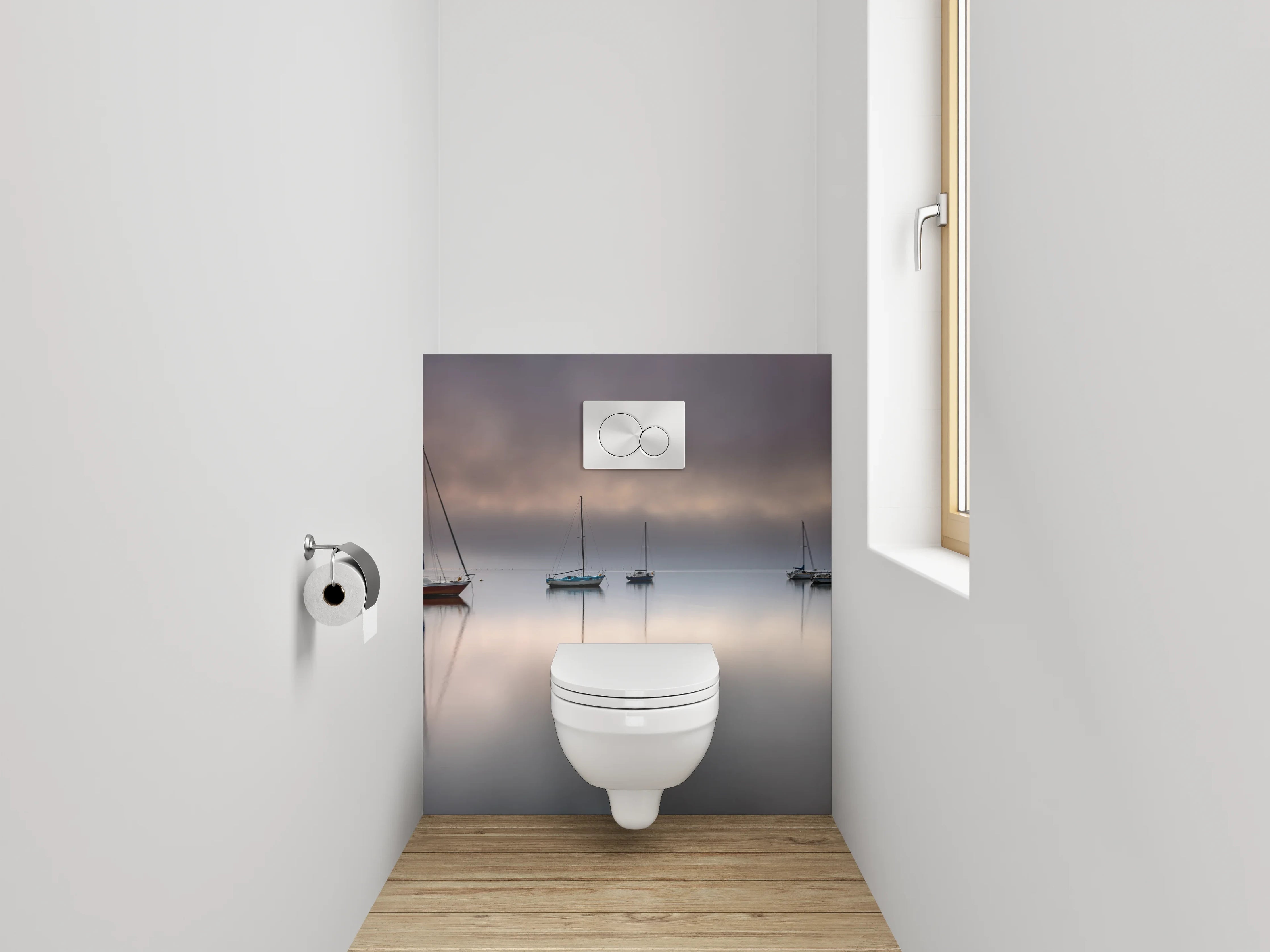 WC-Rückwand - Boote auf stillem Nebelsee