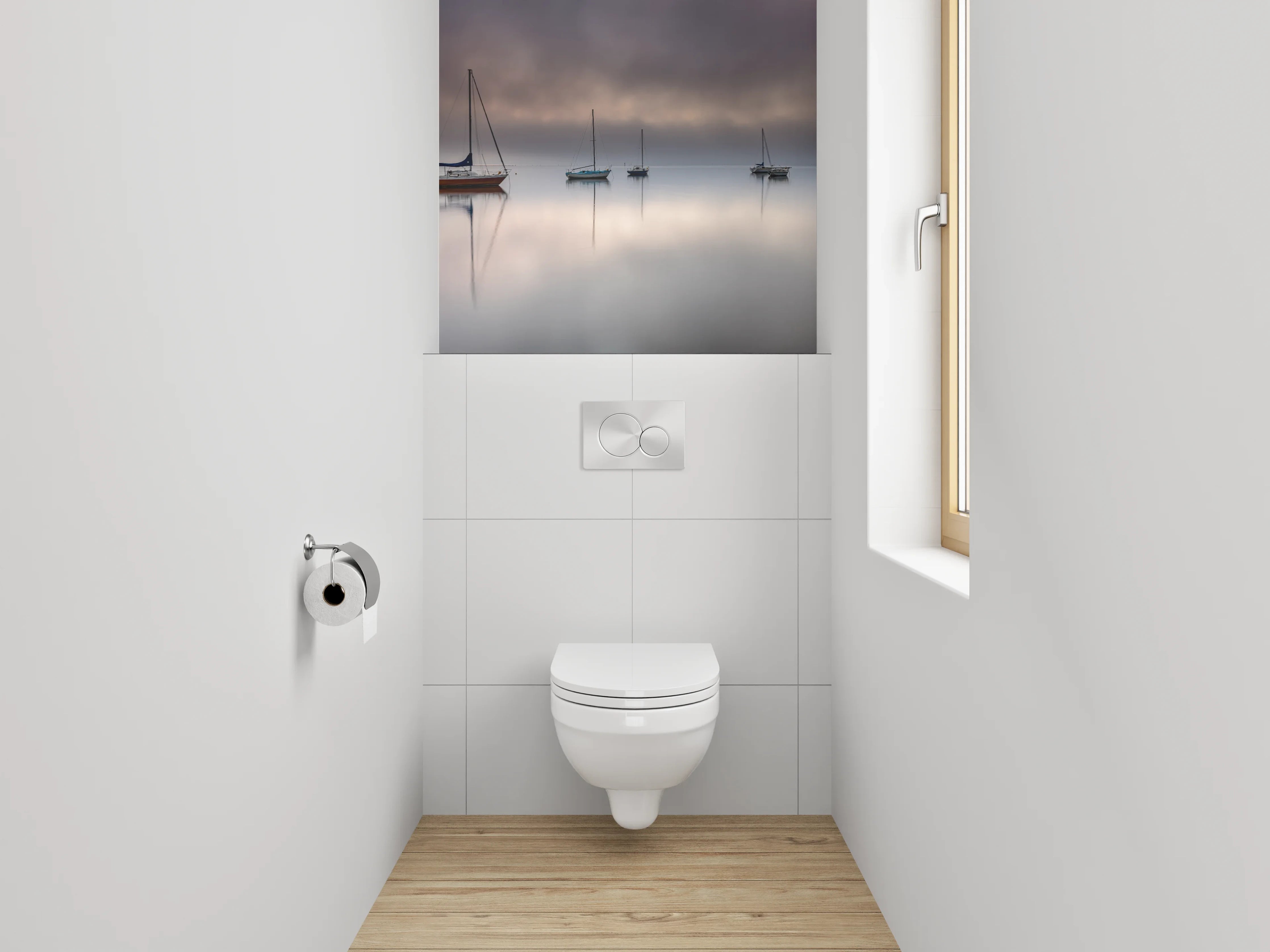 WC-Rückwand - Boote auf stillem Nebelsee