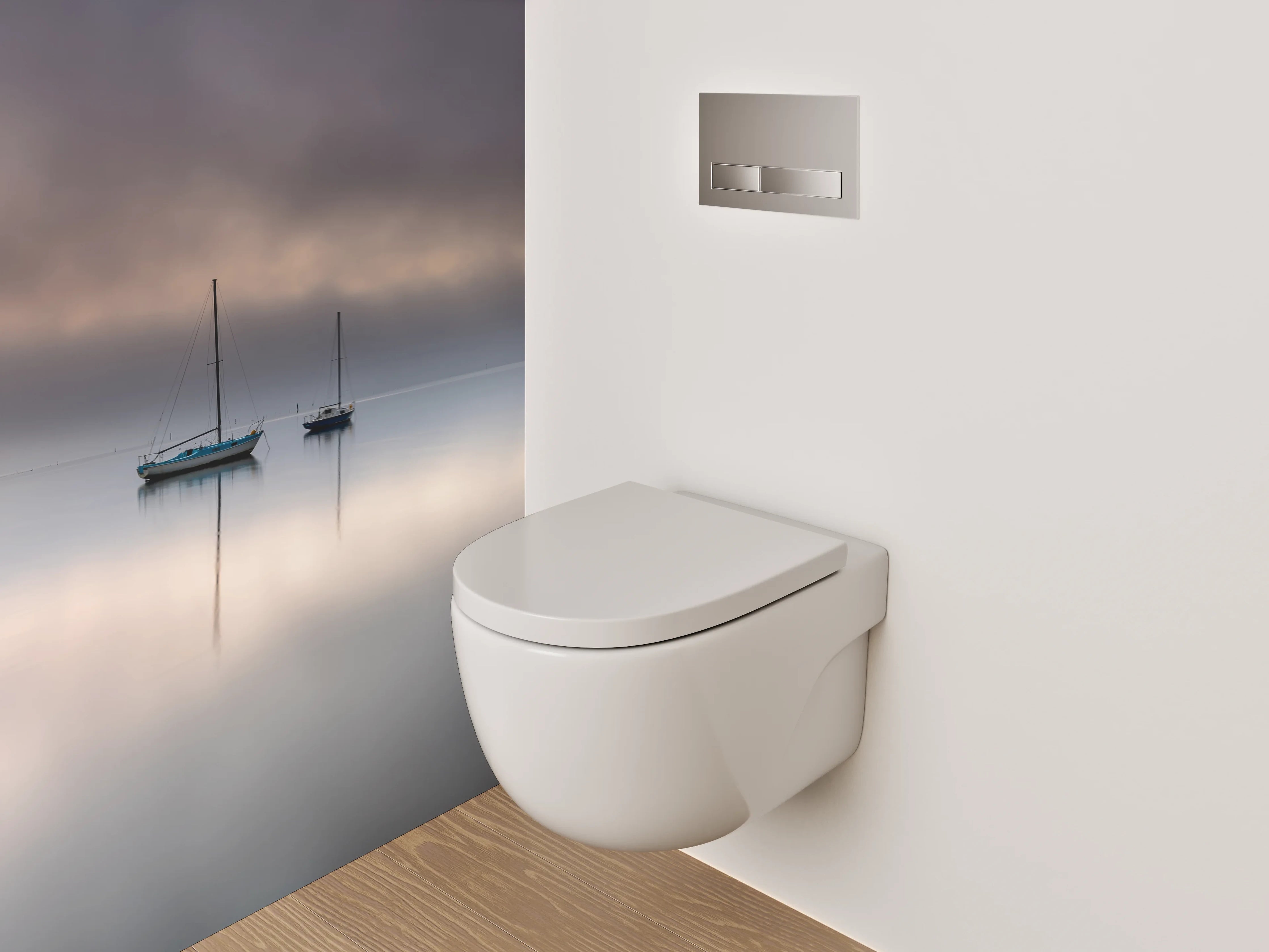 WC-Rückwand - Boote auf stillem Nebelsee