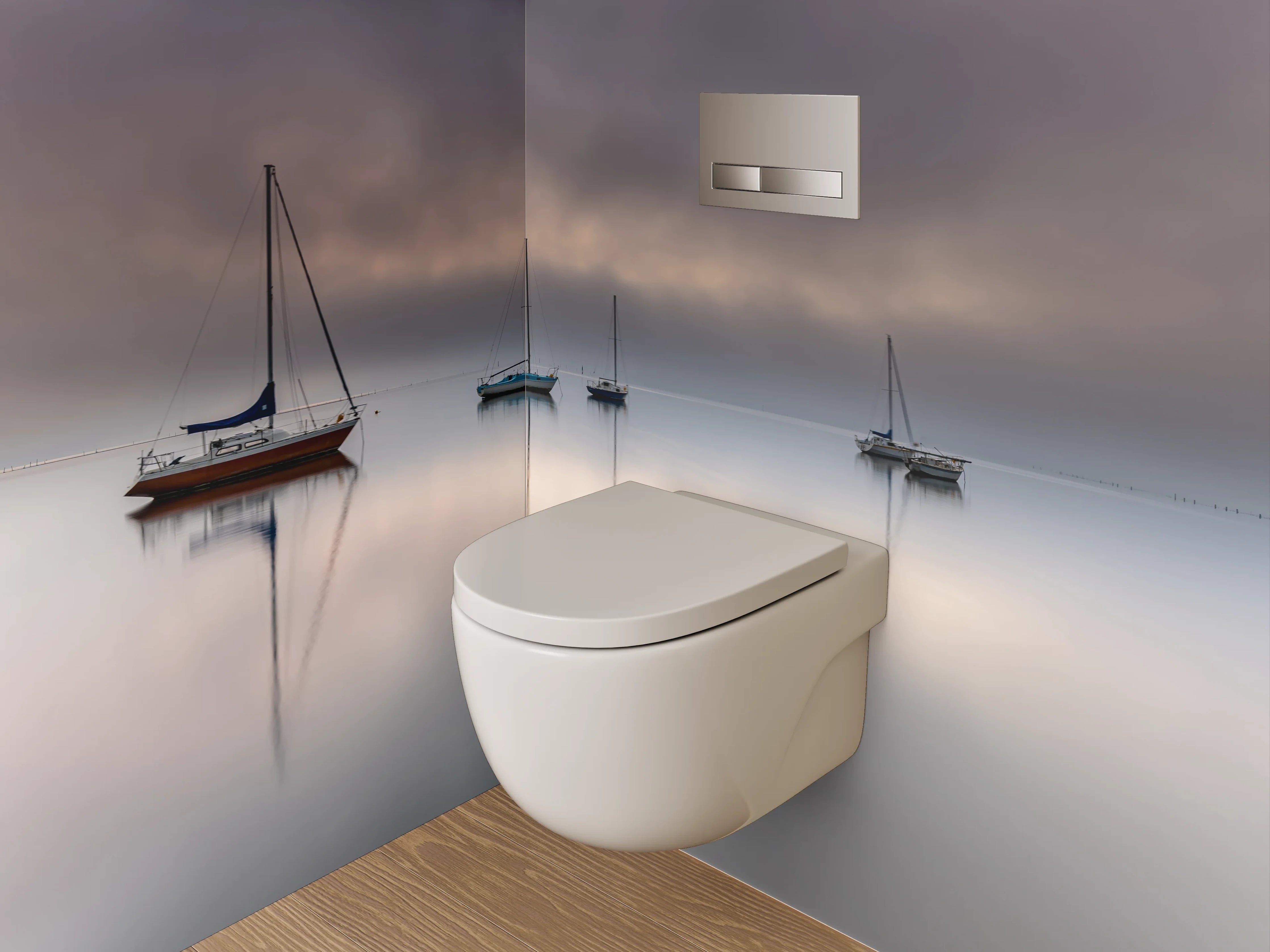 WC-Rückwand - Boote auf stillem Nebelsee