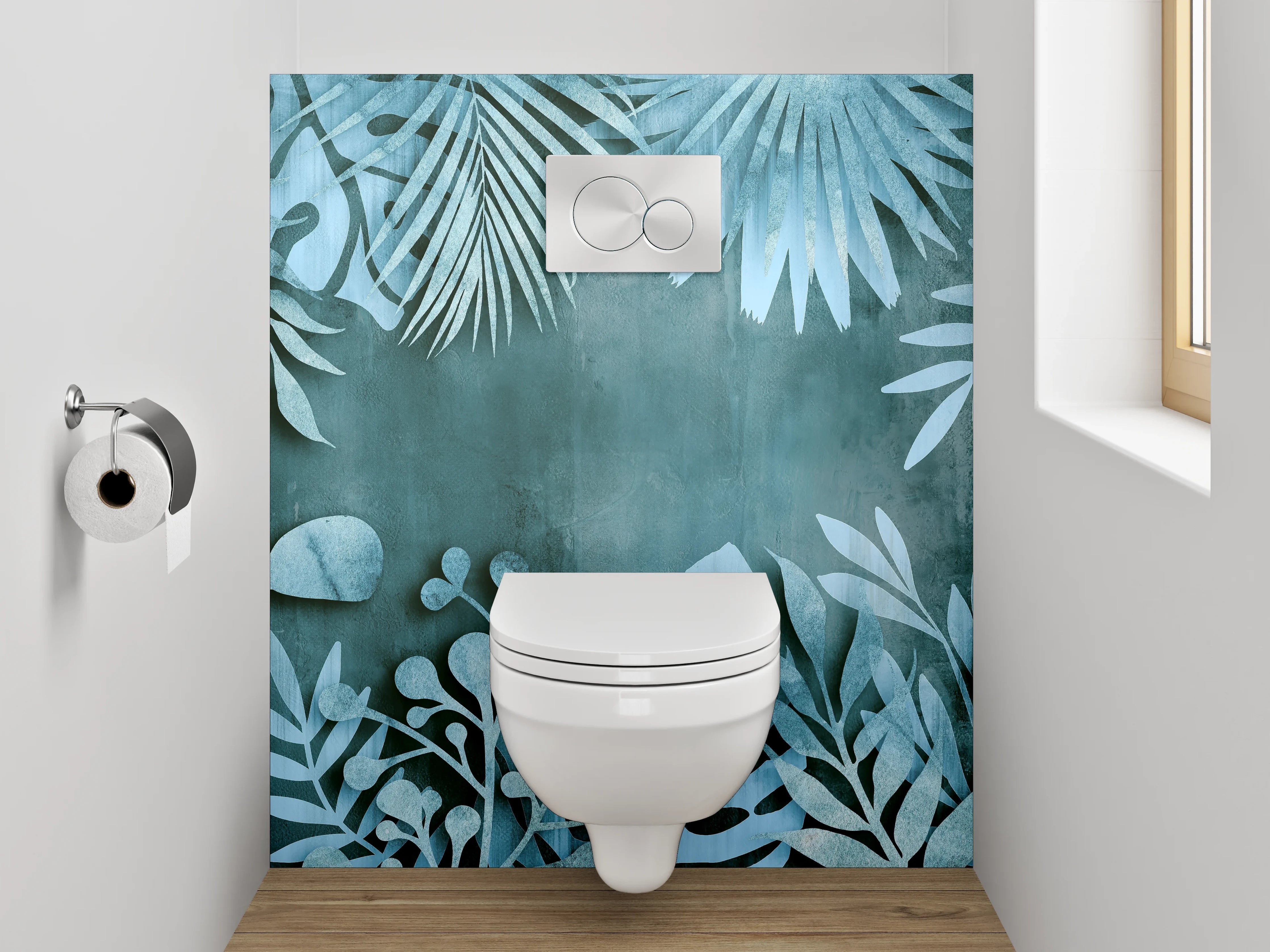 WC-Rückwand - Botanisches Aquarell Muster Blaugrün