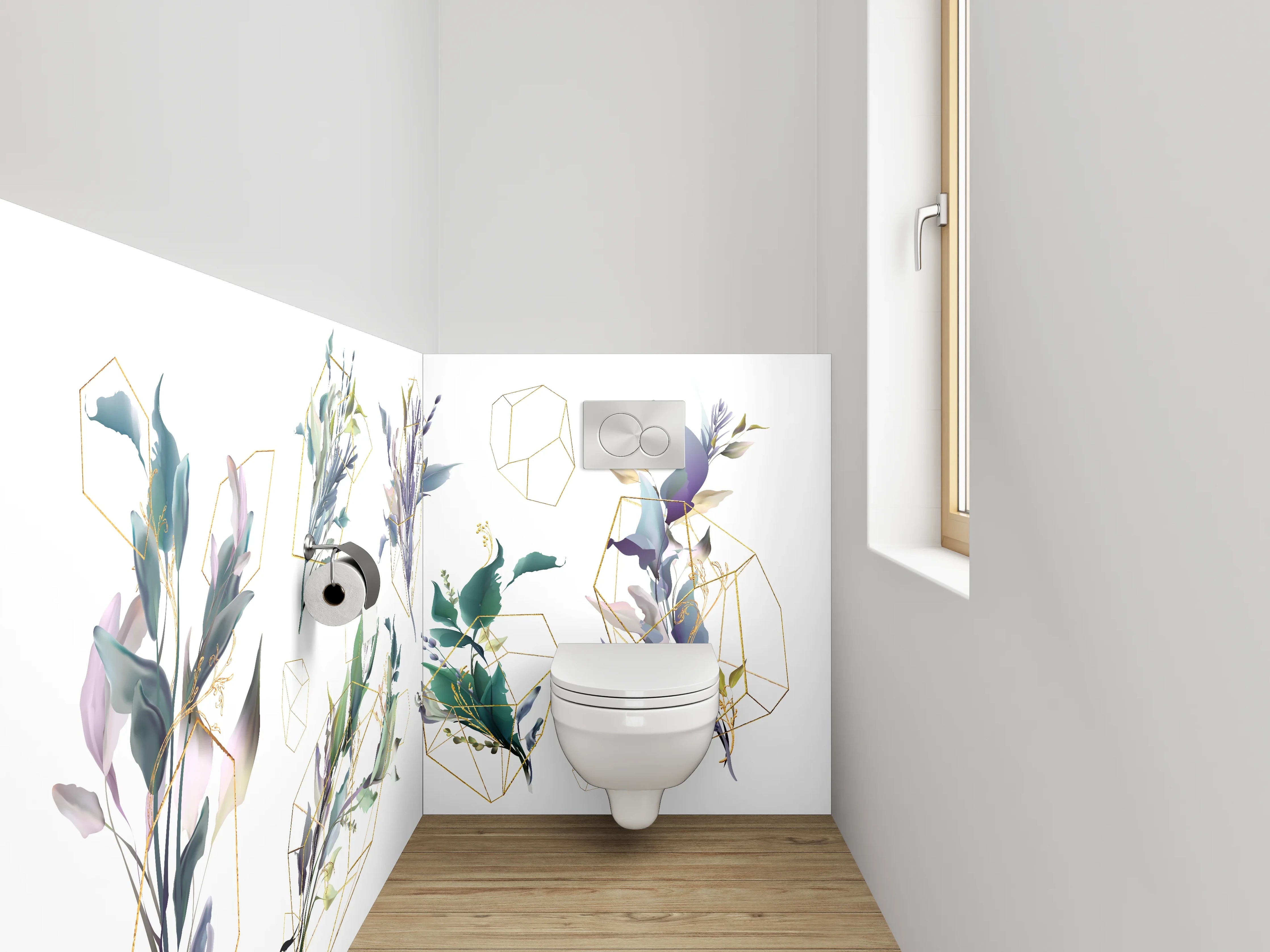 WC-Rückwand - Botanisches Aquarell mit Goldlinien