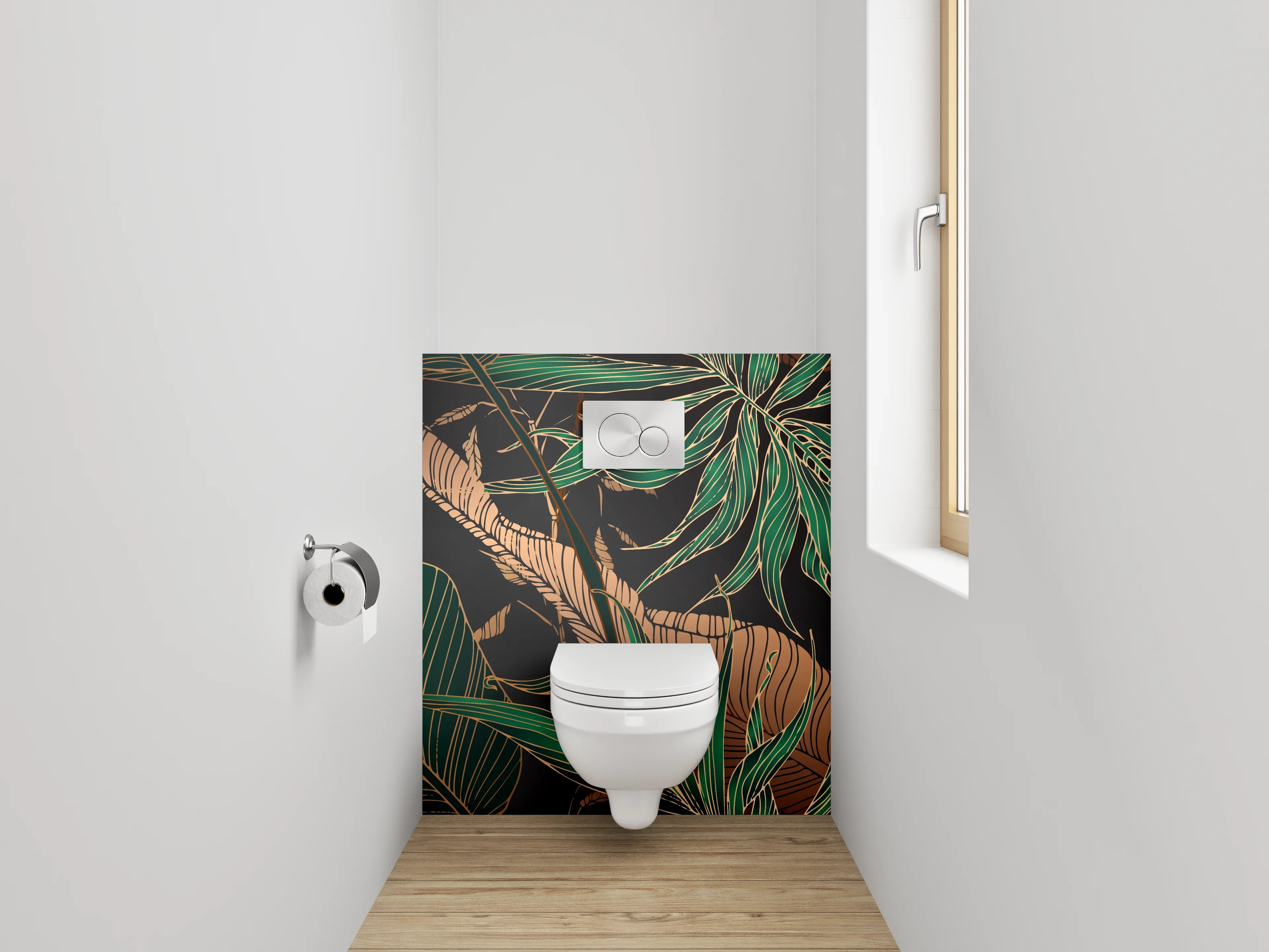 WC-Rückwand - Botanisches Dschungelmotiv mit Goldakzenten