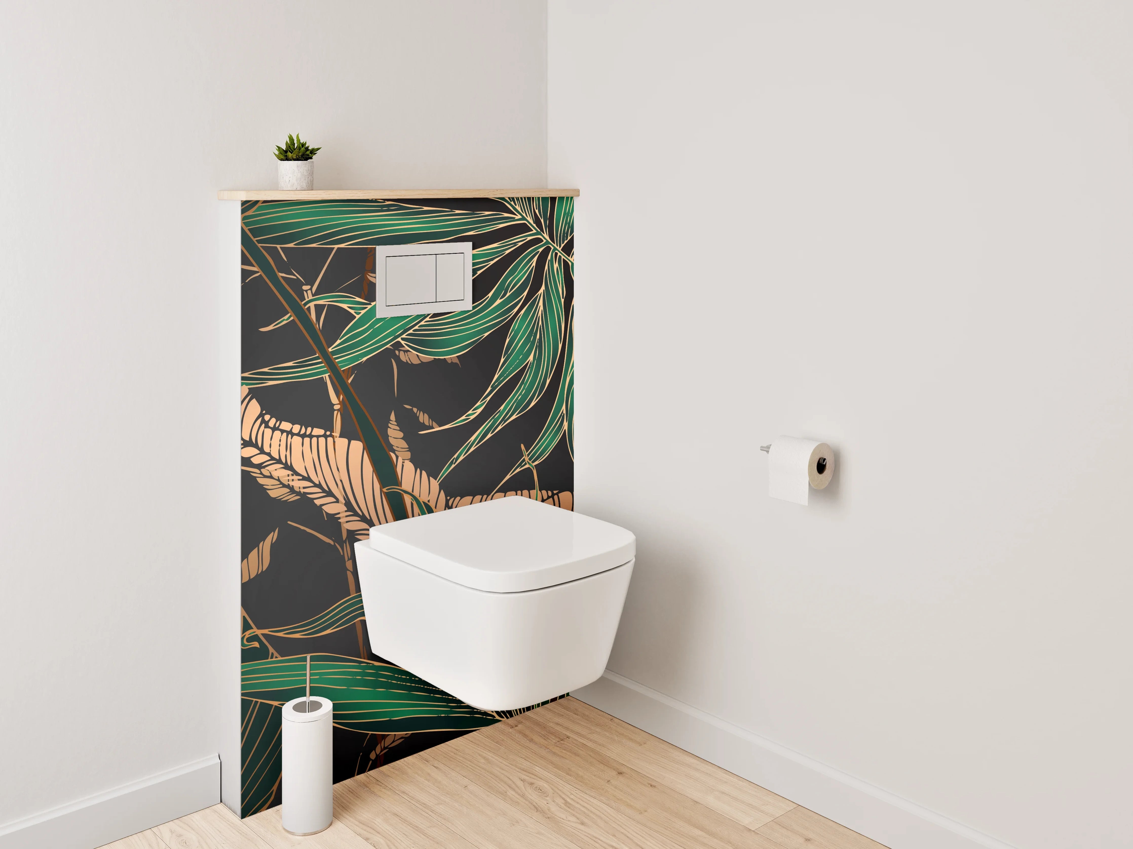 WC-Rückwand - Botanisches Dschungelmotiv mit Goldakzenten