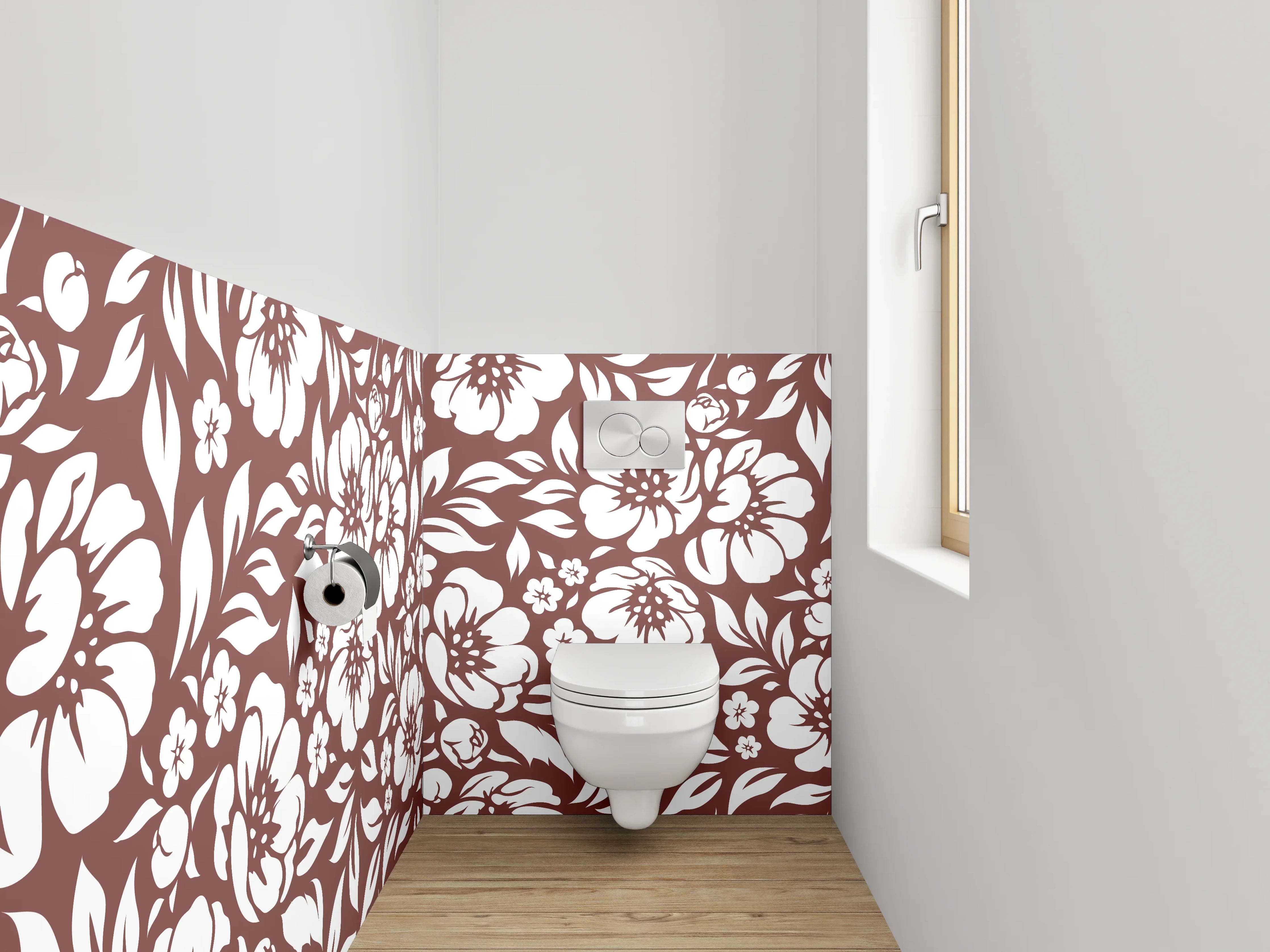 WC-Rückwand - Braun-Graue Blüten auf Weiß