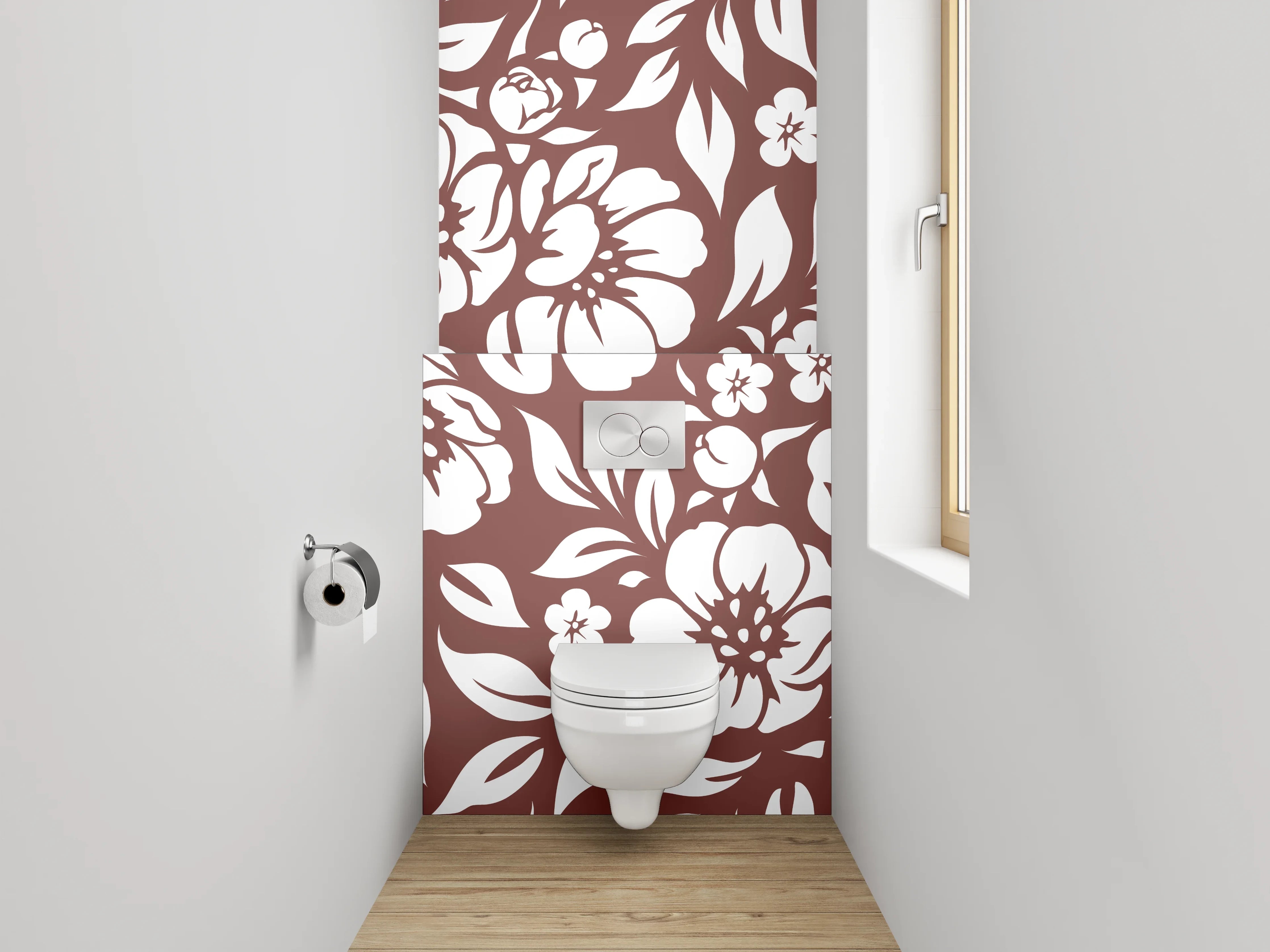 WC-Rückwand - Braun-Graue Blüten auf Weiß