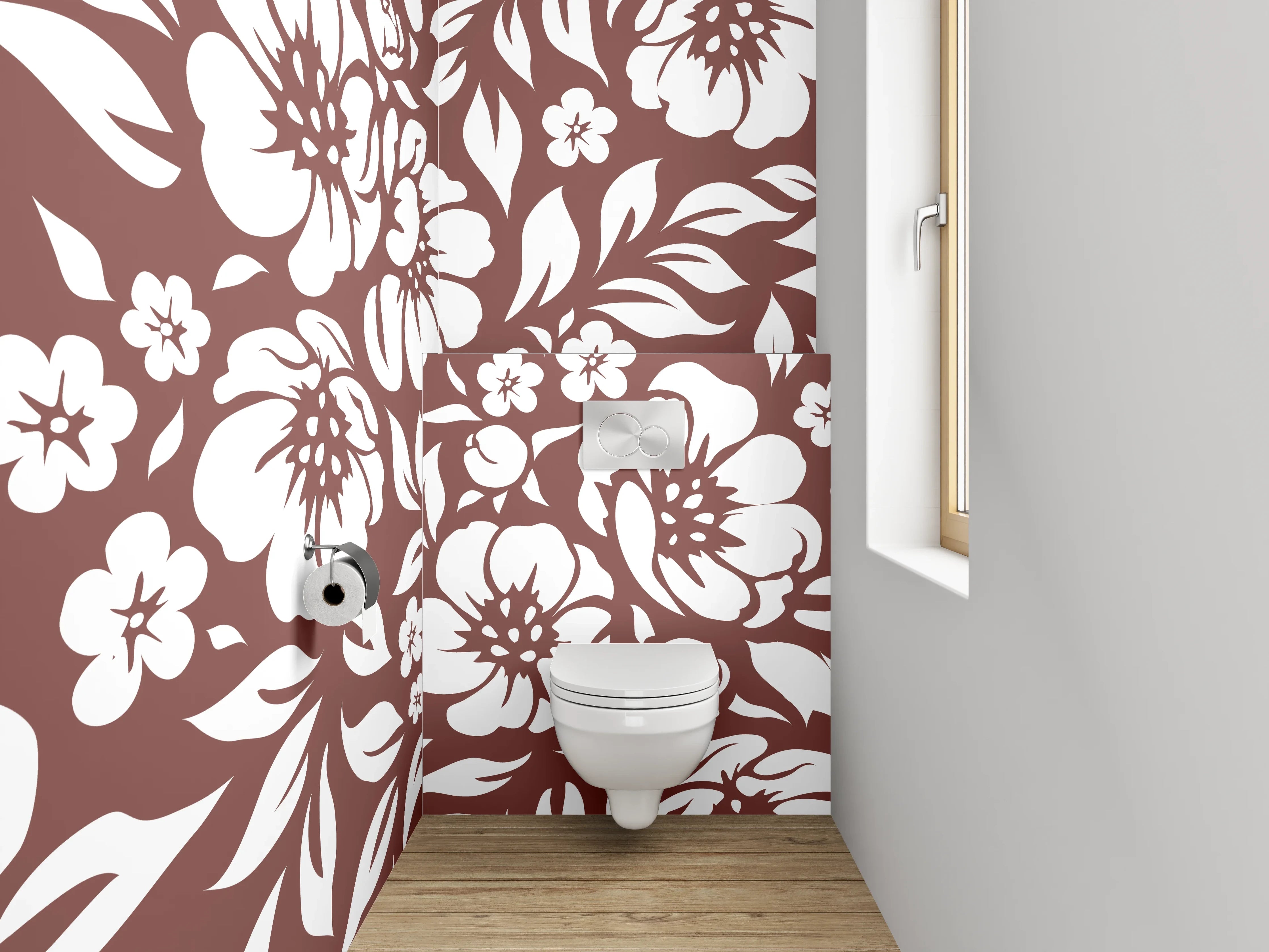 WC-Rückwand - Braun-Graue Blüten auf Weiß