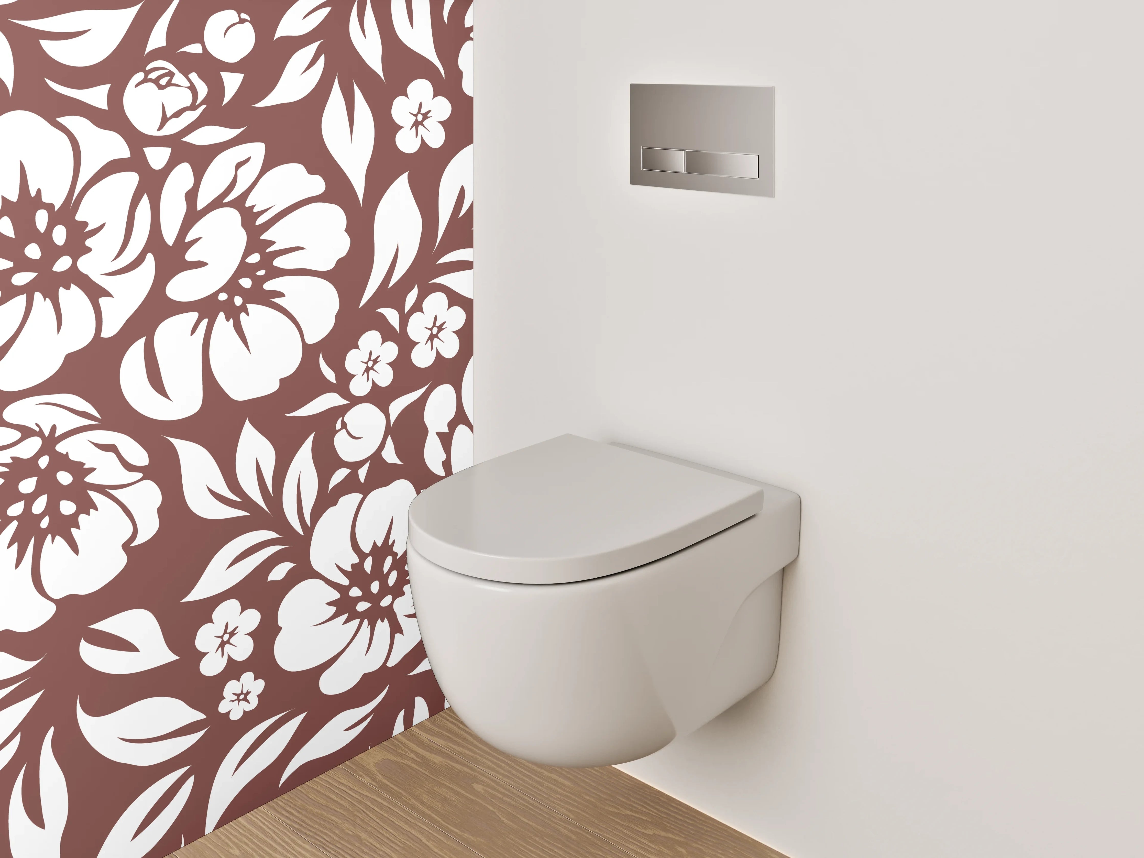 WC-Rückwand - Braun-Graue Blüten auf Weiß