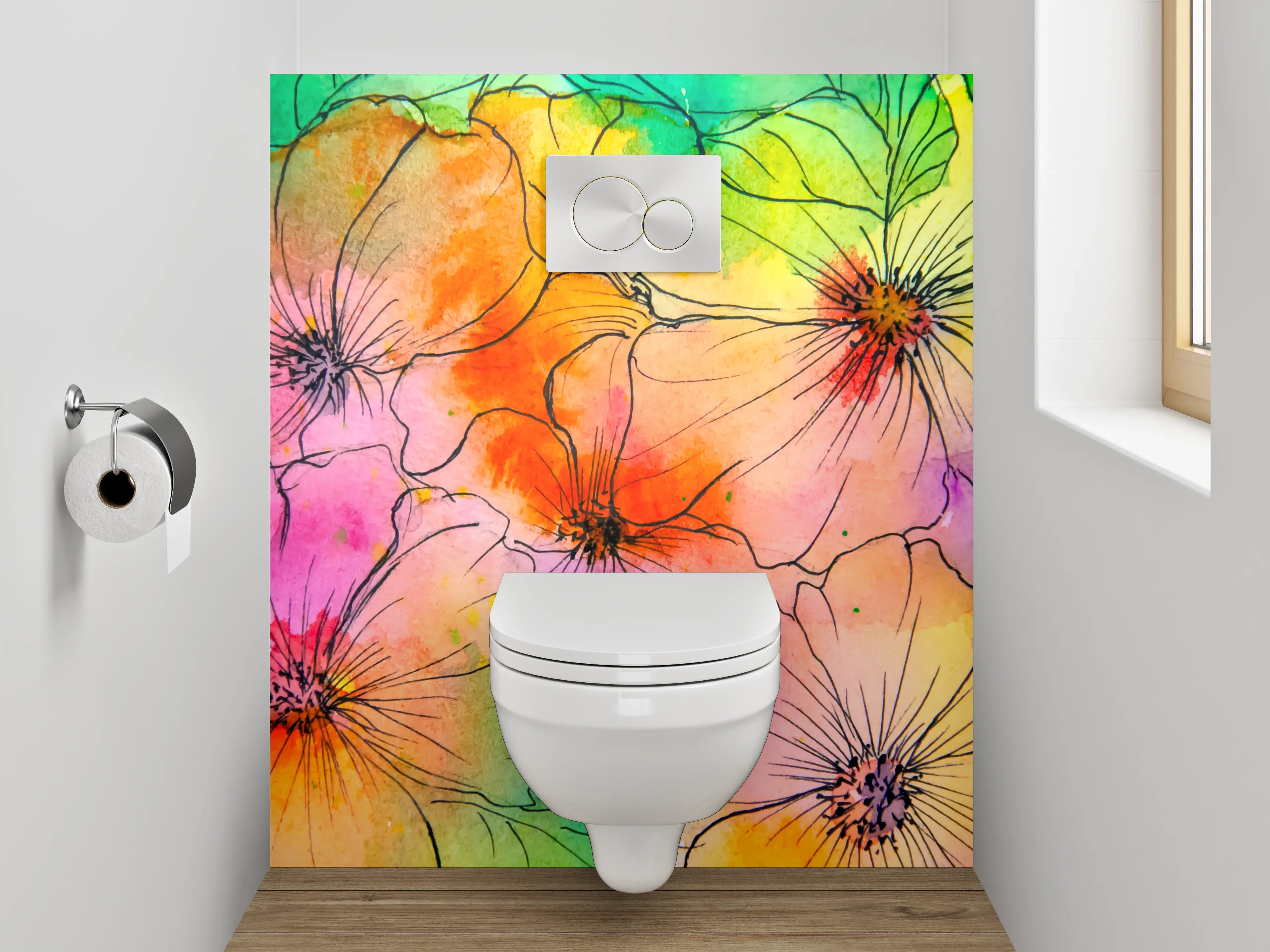 WC-Rückwand - Bunte Aquarell-Blumen Lineart