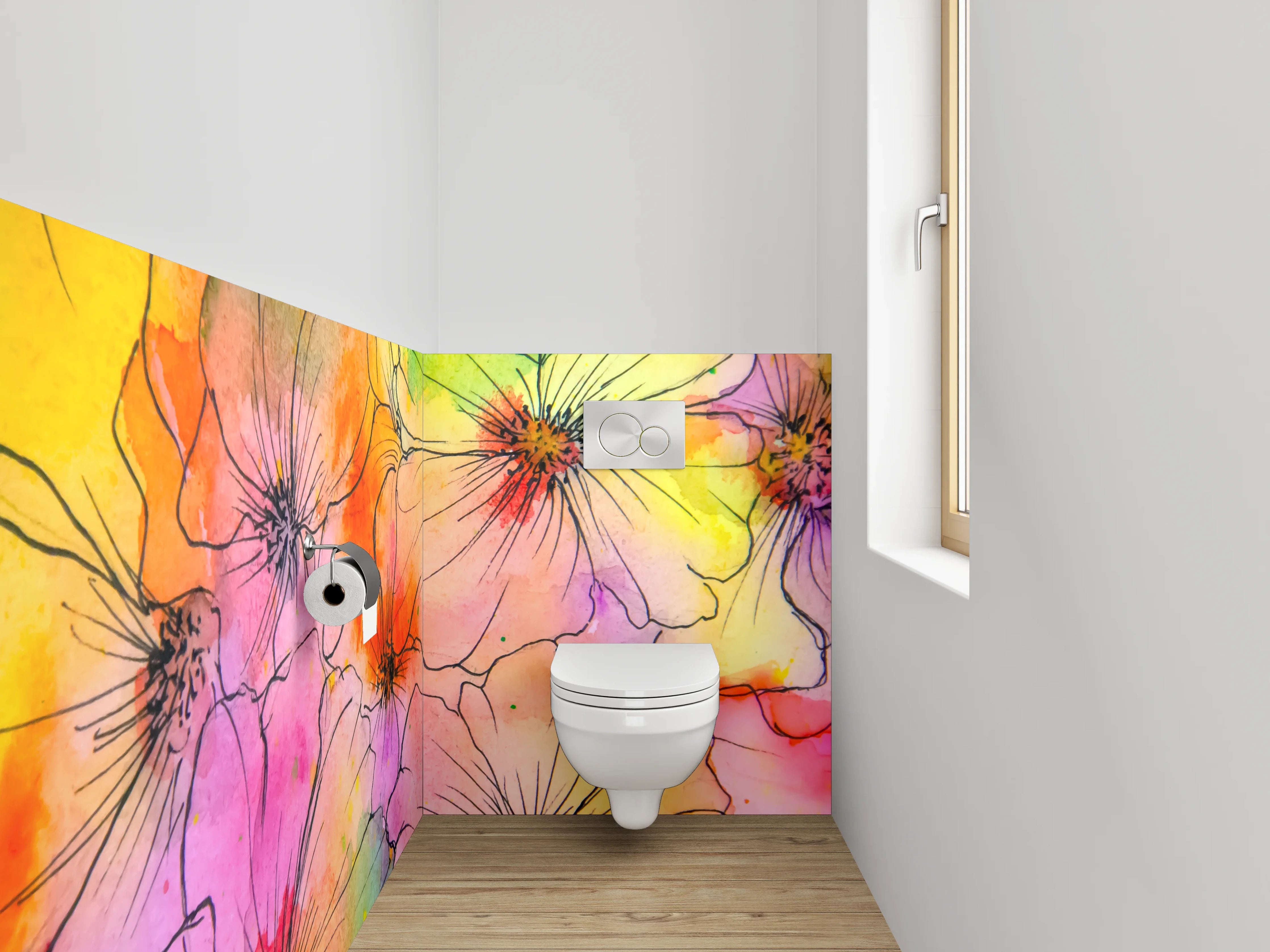 WC-Rückwand - Bunte Aquarell-Blumen Lineart