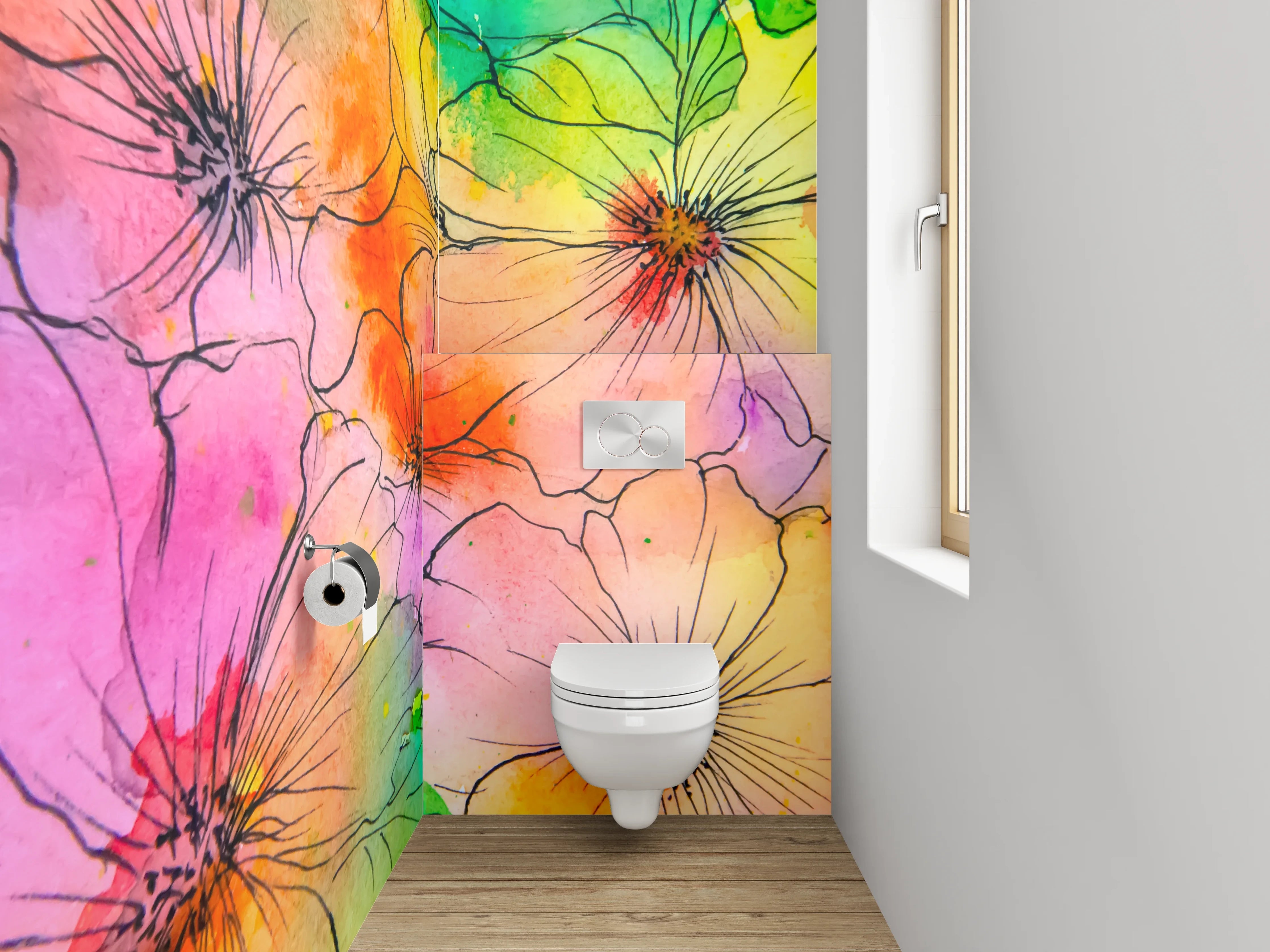 WC-Rückwand - Bunte Aquarell-Blumen Lineart