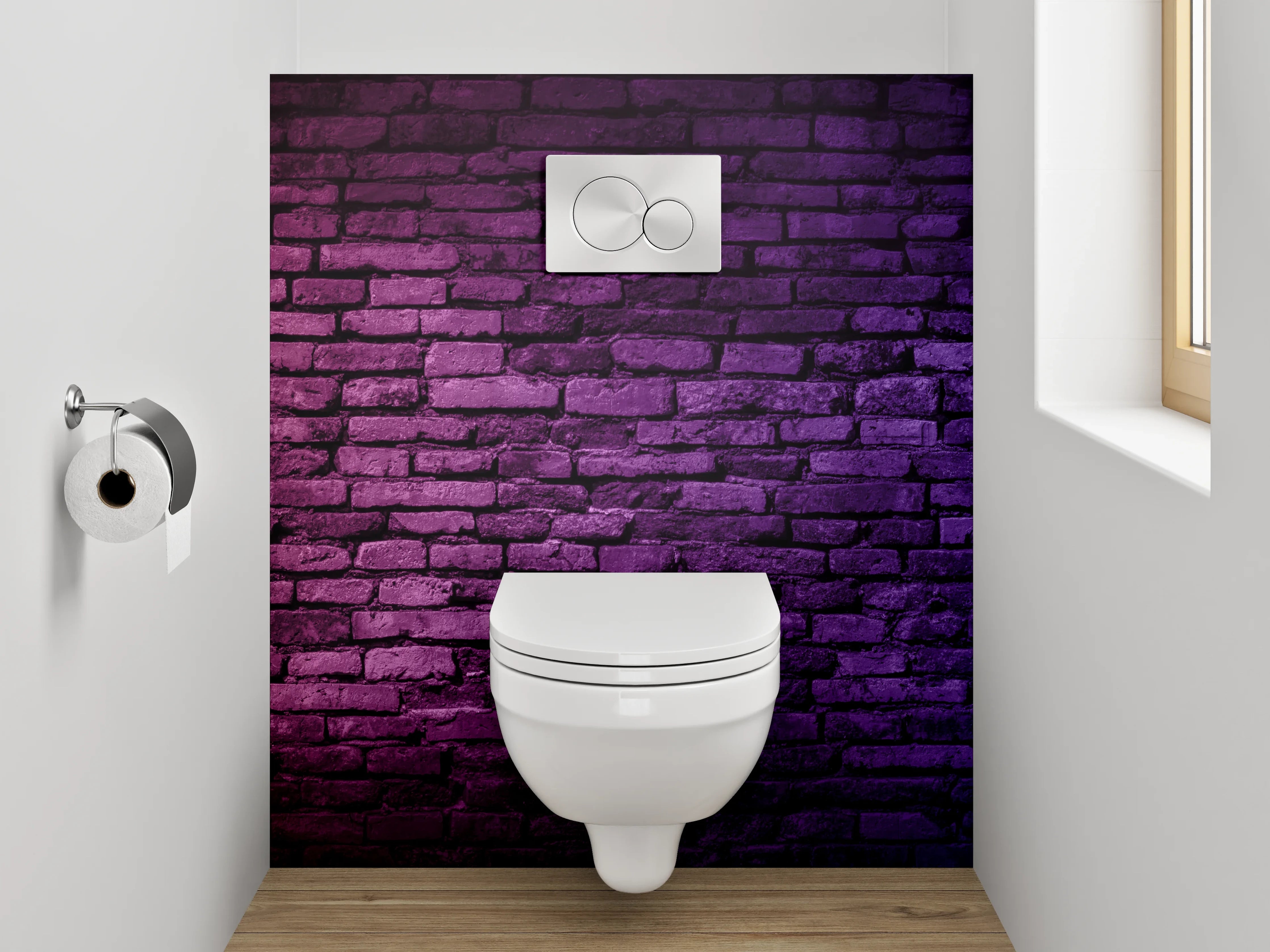 WC-Rückwand - Bunte Backsteinmauer in Neonlicht