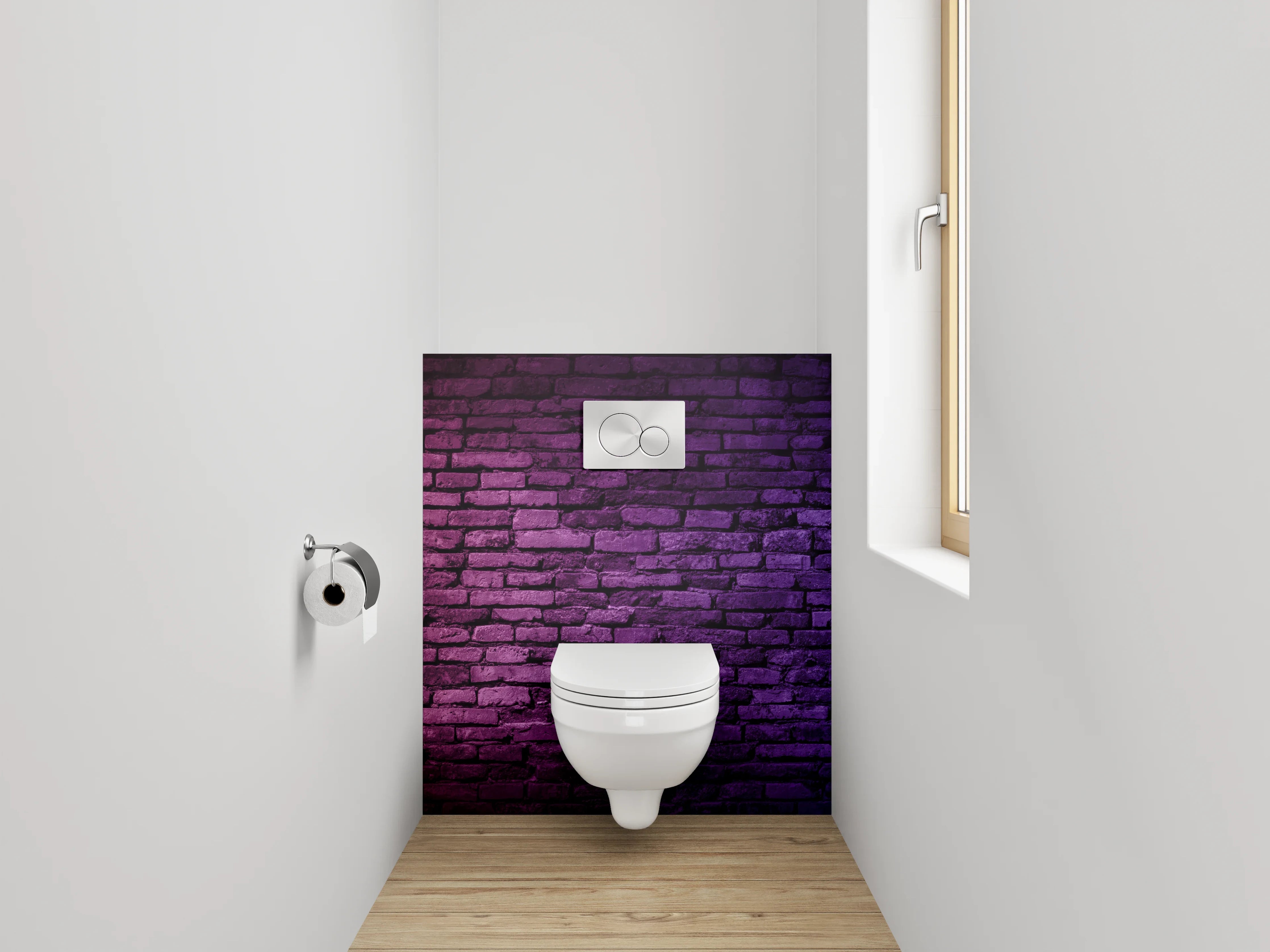 WC-Rückwand - Bunte Backsteinmauer in Neonlicht