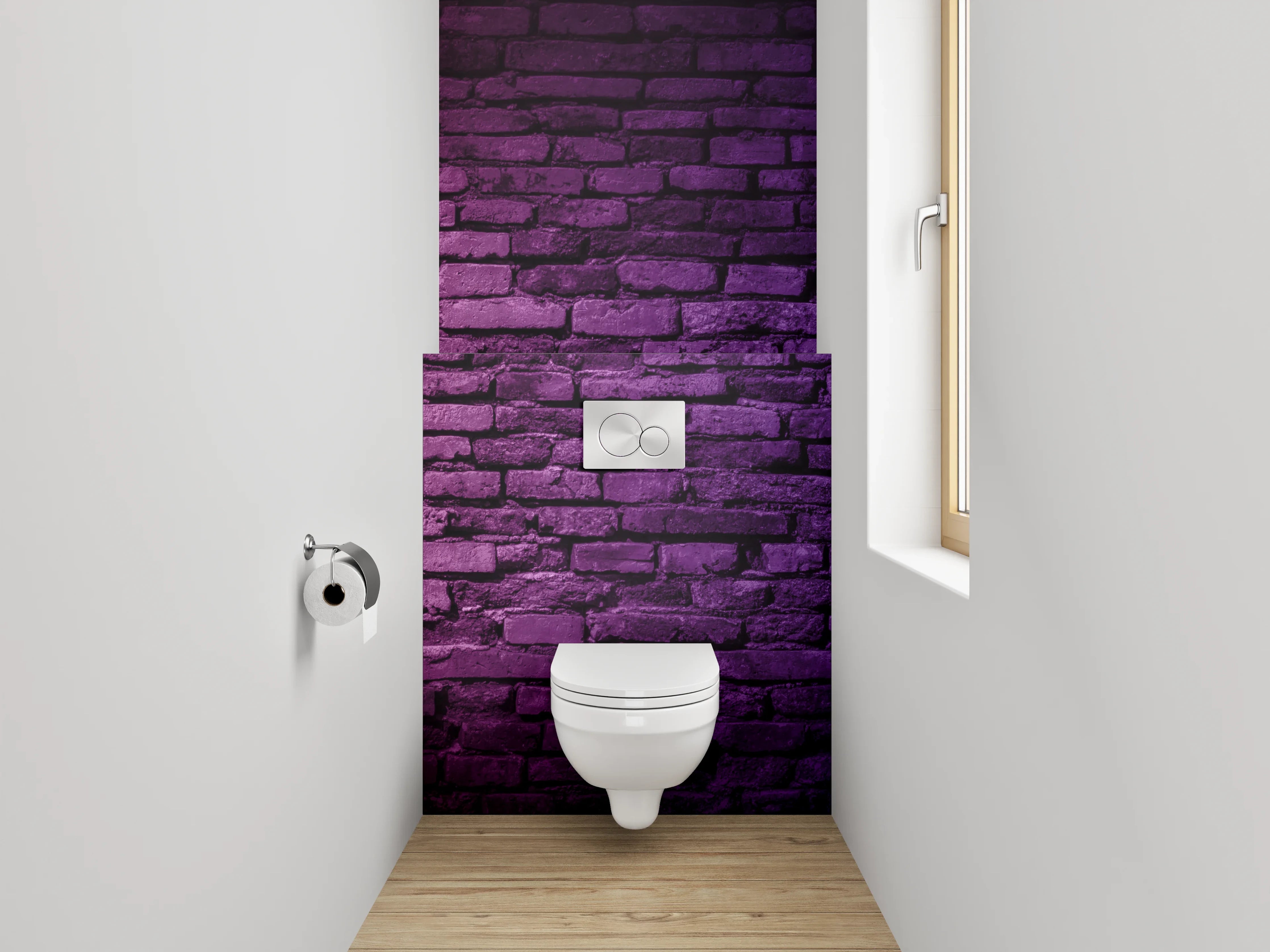 WC-Rückwand - Bunte Backsteinmauer in Neonlicht