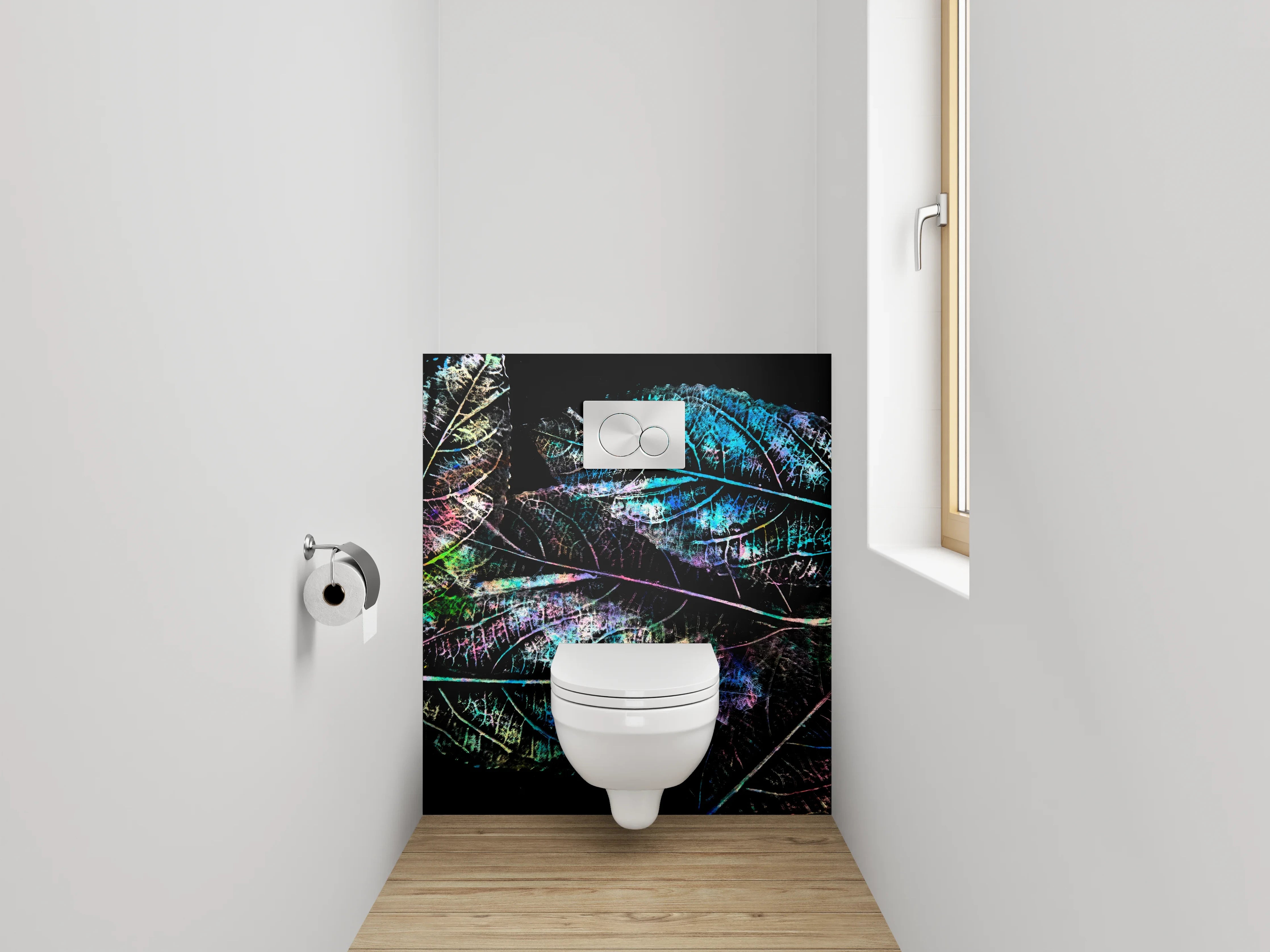 WC-Rückwand - Bunte Blätterkunst auf Schwarz
