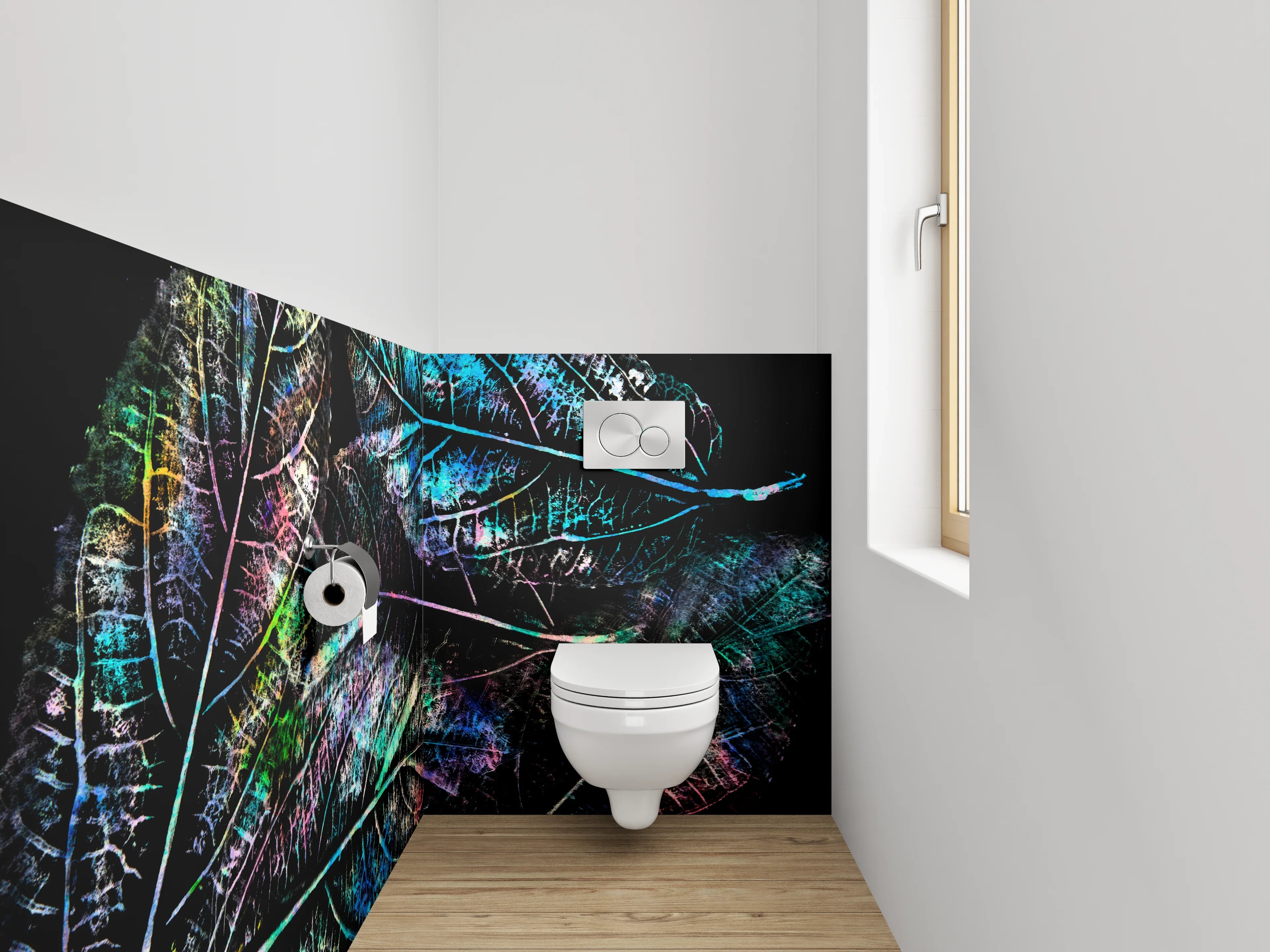 WC-Rückwand - Bunte Blätterkunst auf Schwarz